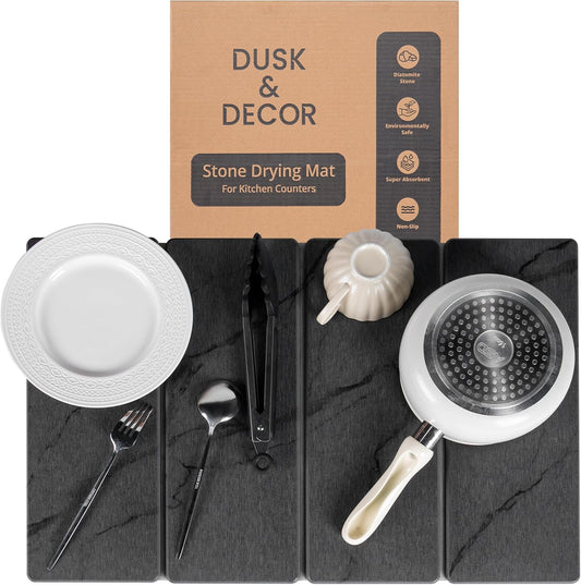 Dusk & Decor Folding Stone Dish Drying Mat – Quick-Drying Diatomaceous Earth Kitchen Mat for Counter – Foldable, Non-Slip Diatomite Sink Tray for Dishes and Utensils - Gray