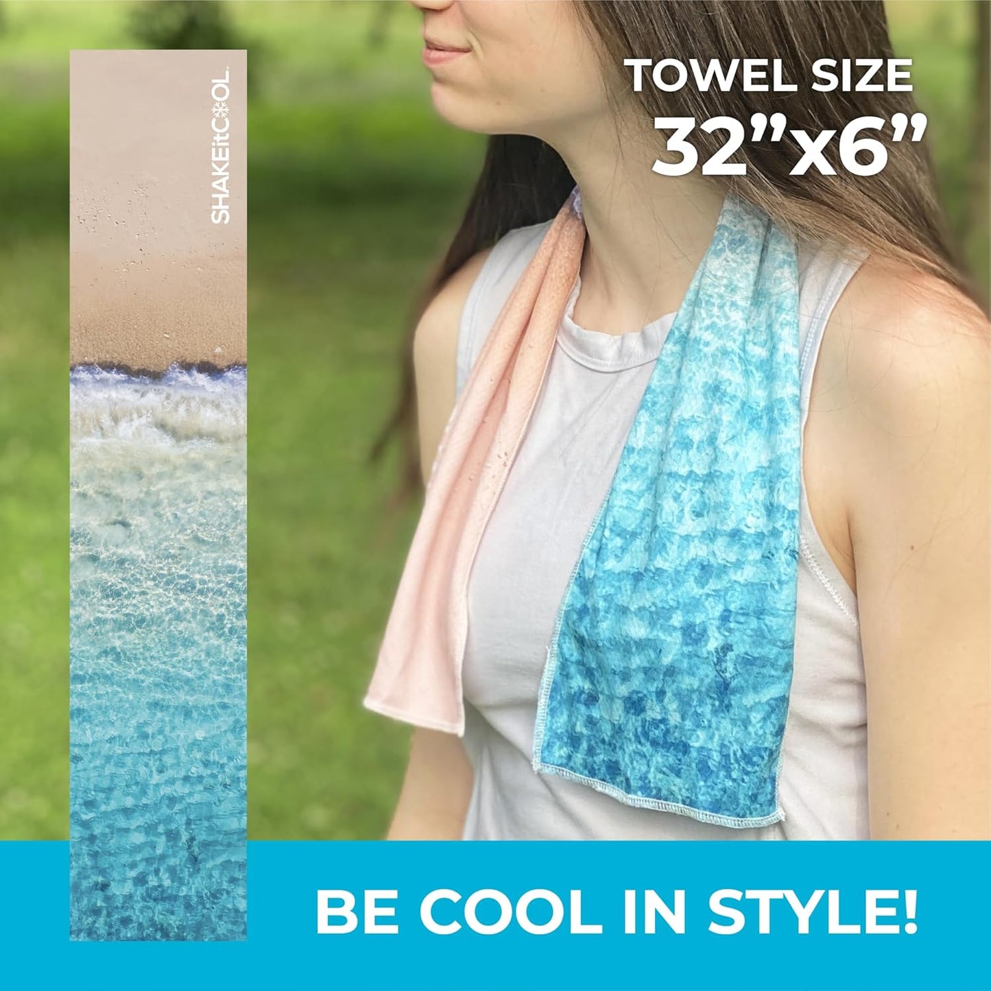 SHAKEitCOOL Original Cooling Towel – Be Cool in Style - Heat Relief, Soft, Lightweight, Sun Protection, Easy Clean - Perfect for Biking, Running, Yoga, Gym, Gardening - Beach