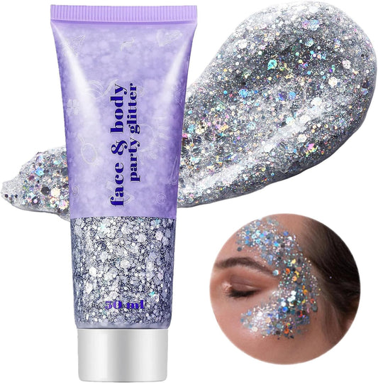 Go Ho Silver Face Body Glitter Gel,Singer Concerts Silver Face Paint Makeup,Holographic Chunky Glitters for Hair/Lip/Nails on Party Halloween Makeup,Festival Rave Accessories,52g