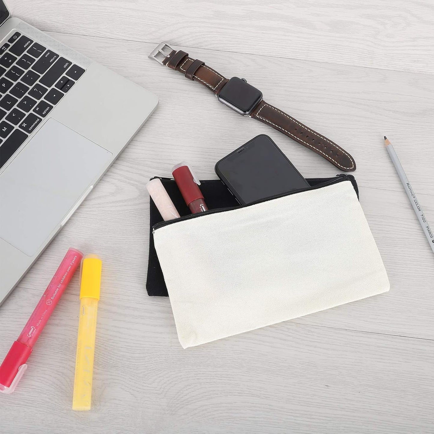 12 Pieces White Cotton Canvas Makeup Bag, Multipurpose Cosmetic Bag with Zipper Travel Toiletry Pouch, Blank DIY Craft Bag (White, L)