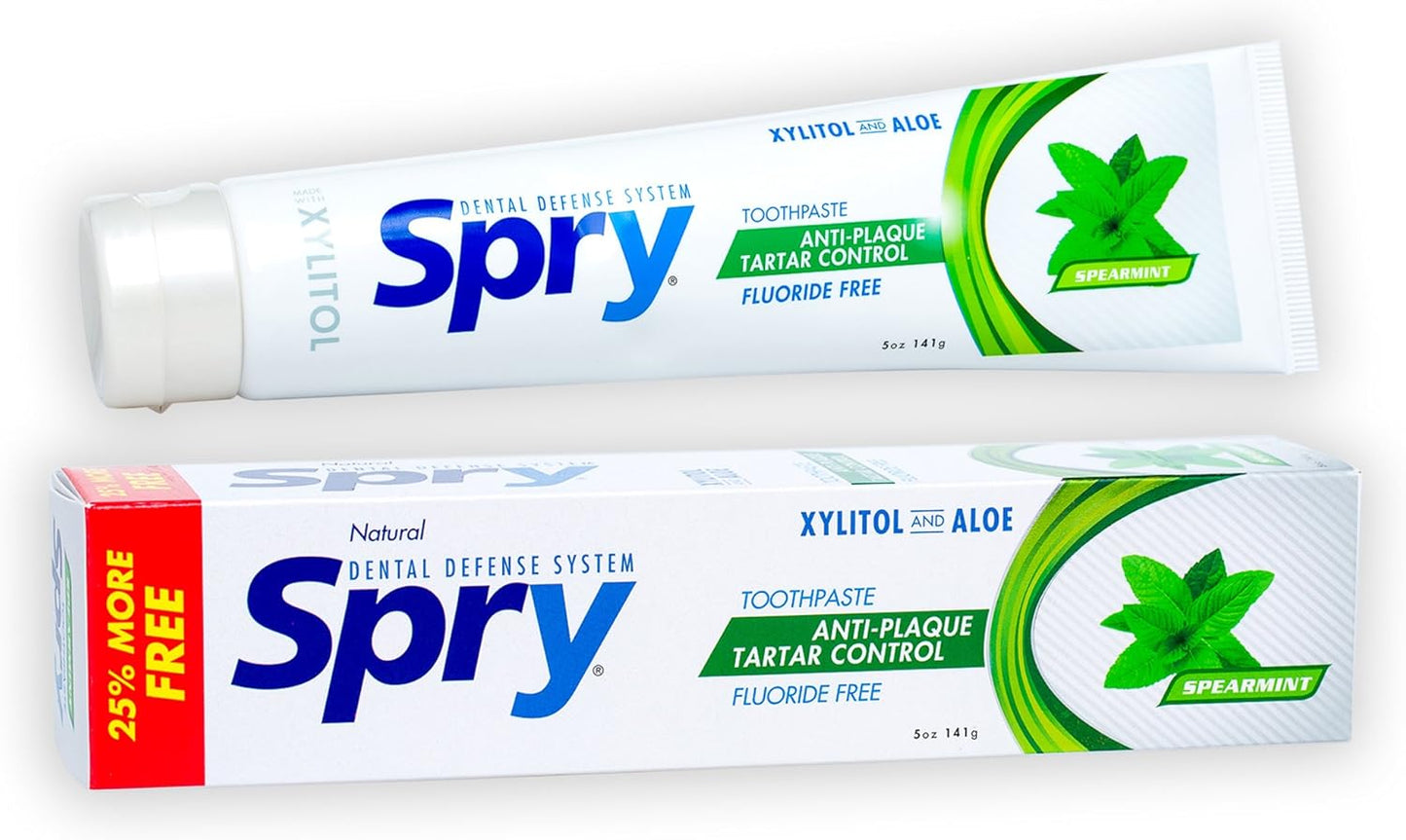 Spry Natural Xylitol Toothpaste 5oz for Adults and Kids - Fluoride Free, Gentle for Sensitive Teeth Whitening and Remineralizing, Breath Freshening, Mouth Moisturizing, Spearmint (Pack of 1)