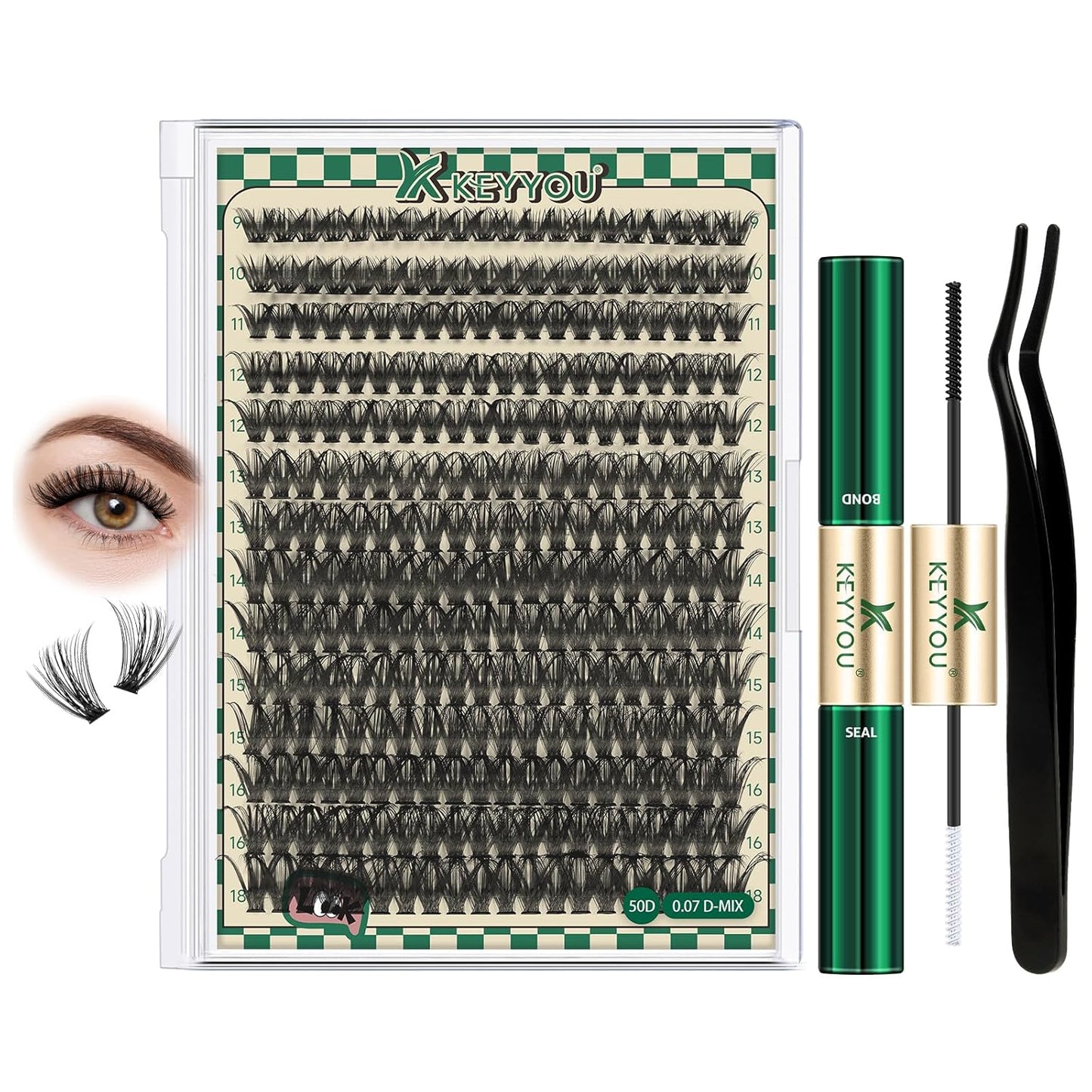 DIY Lash Extension Kit 280pcs Individual Lashes D Curl Eyelash Extension Kit KEYYOU 50D 9-18Mix Natural Lash Clusters with Lash Bond and Seal and Lash Applicator for DIY at Home(KIT-50D-0.07D-9-18Mix)