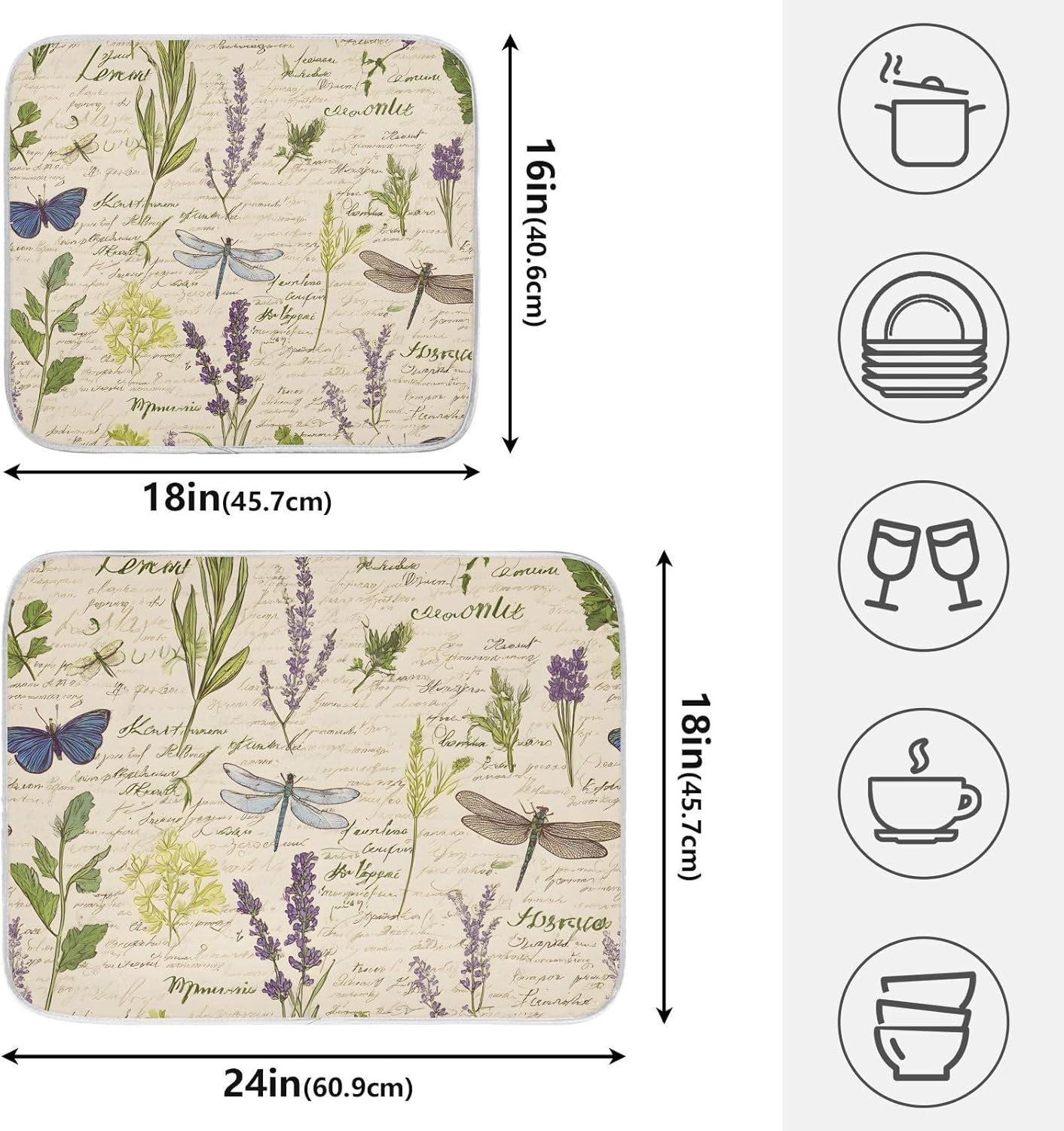 Handwritten Dragonfly Butterfly Dish Drying Mats for Kitchen Counter Absorbent Microfiber Dish Drying Matt 16 x 18 Inch Draining Reusable Rack Pad