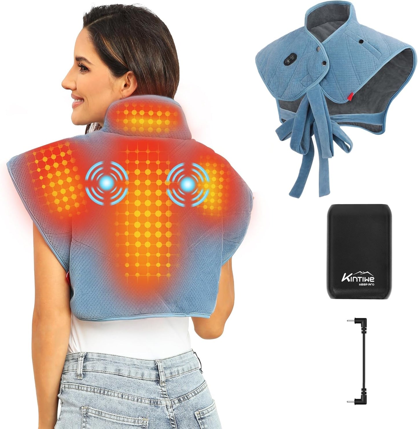 Heating Pad for Neck and Shoulders and Back with Battery,12V Portable Cordless Heated Pad with Vibration Massager and 3 Heating Modes,Weighted Electric Heat Pad,Max 158℉,16.9'' x 23.6''