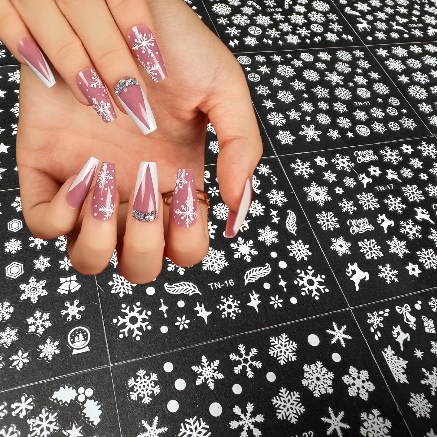 30 Sheets Christmas Nail Art Stickers 3D Self-Adhesive Snowflake Holiday Nail Stickers White Snowmen Santa Claus Elk Decals Decorations Supplies for Women (Snowflake)