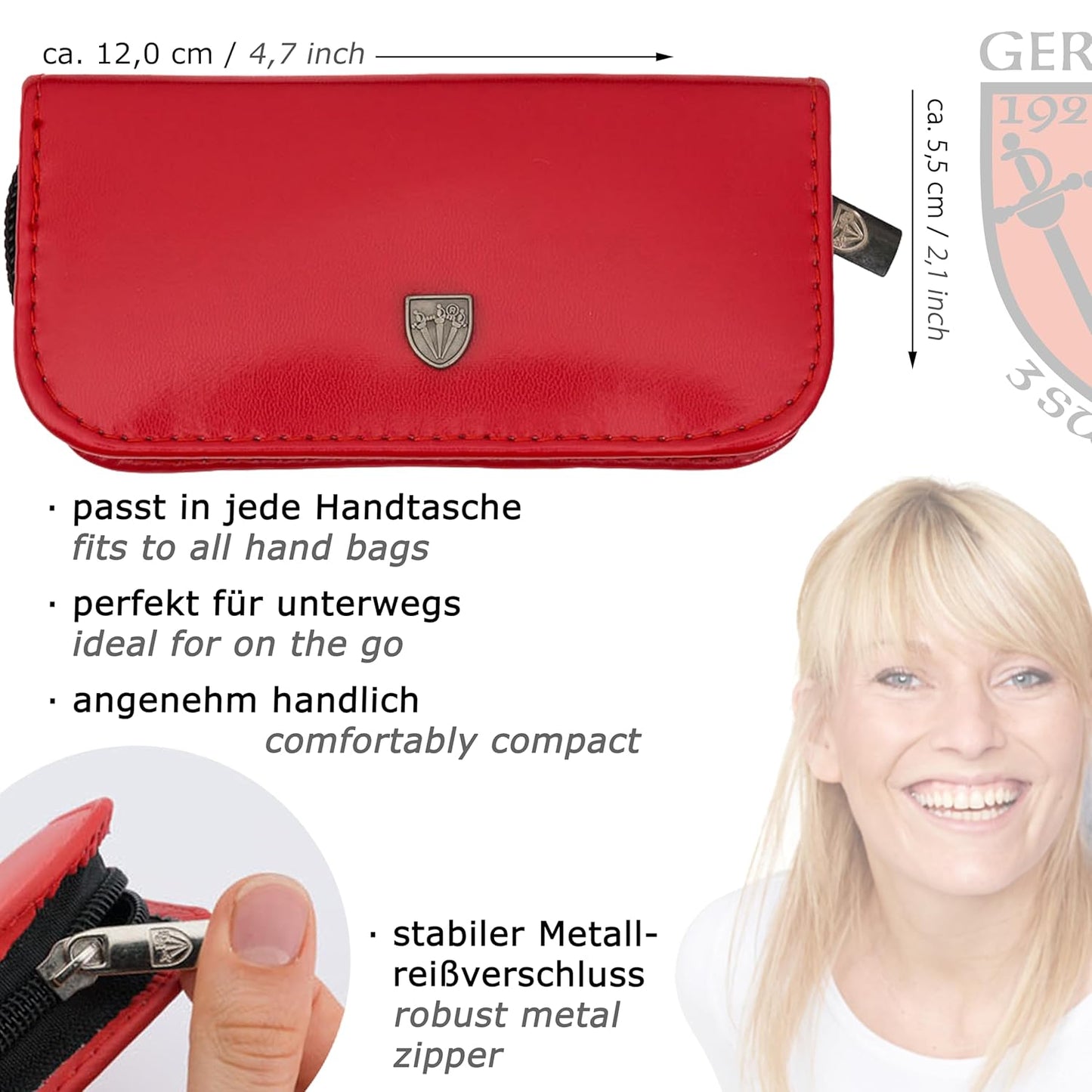 3 Swords Germany - brand quality 5 piece manicure pedicure grooming kit set with synthetic leather case red - Made in Germany