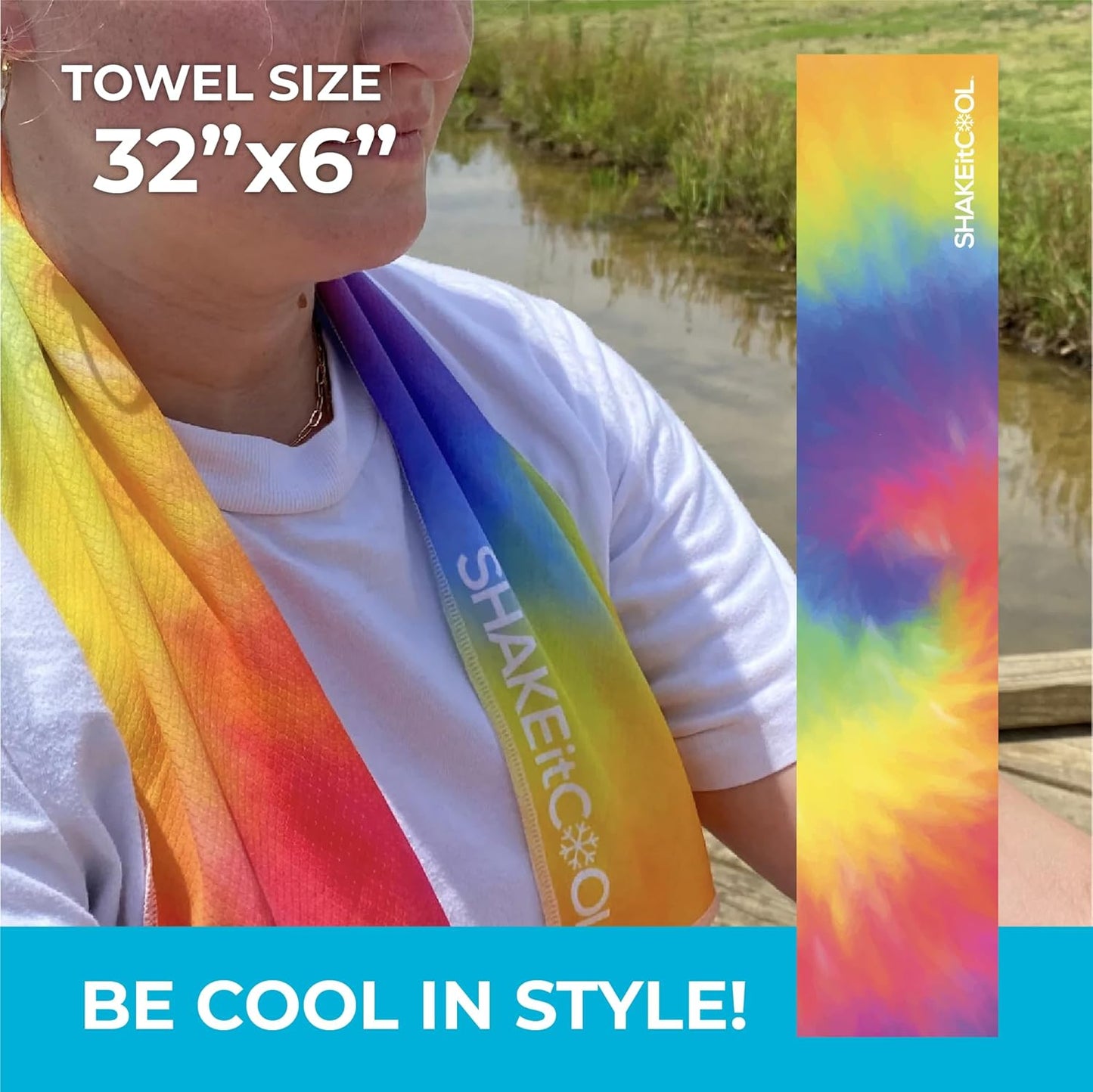 SHAKEitCOOL Original Cooling Towel – Be Cool in Style - Heat Relief, Soft, Lightweight, Sun Protection, Easy Clean - Perfect for Biking, Running, Yoga, Gym, Gardening - Tie Dye