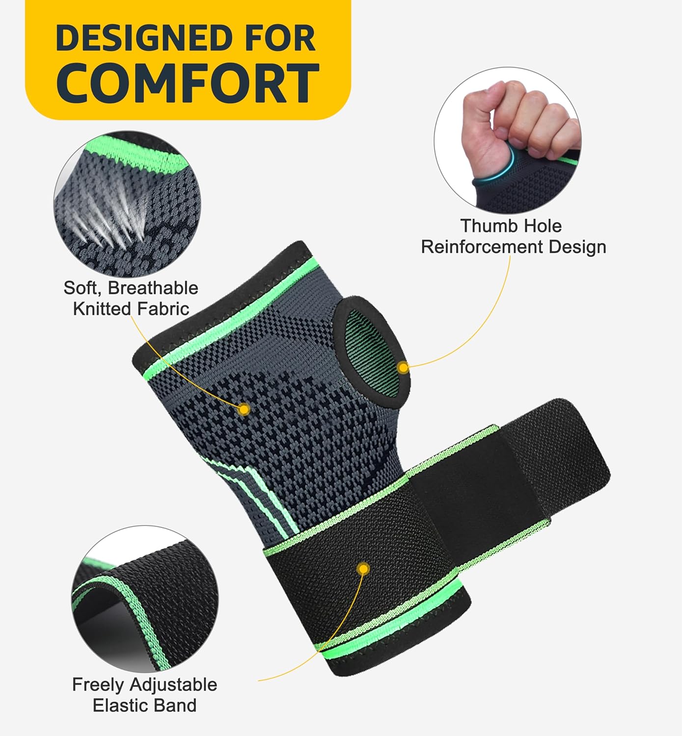 HiRui 2-Pack Wrist Brace Wrist Wraps, Hand Compression Sleeves with Wrist Straps Support for Fitness Weightlifting MTB Tendonitis Carpal Tunnel Arthritis Pain Relief (Green, X-Large)