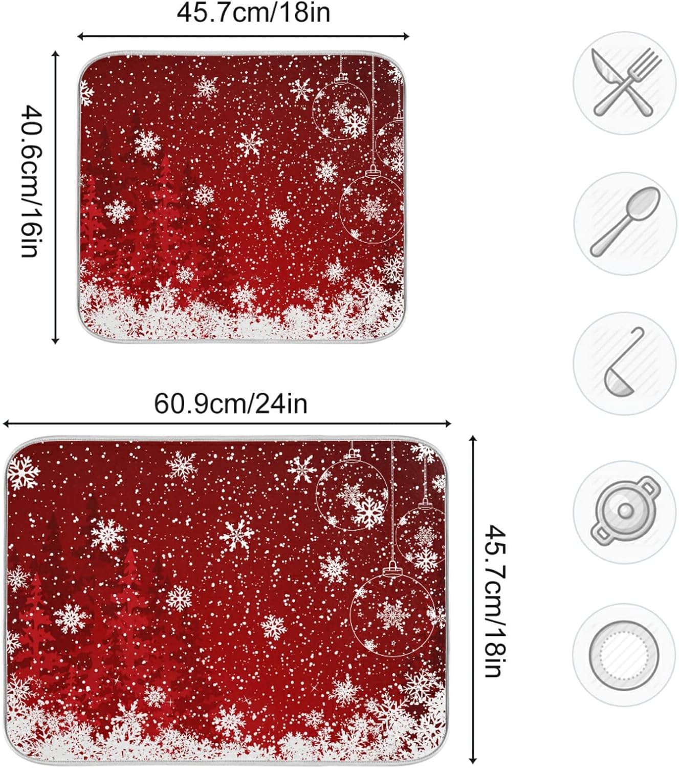 Dish Drying Mat for Kitchen Counter 18 x 16 Inch Romantic Christmas Snowflake on Red Microfiber Dish Mat Drying Pad Absorbent Dishes Pad Dish Drainer Rack Mats