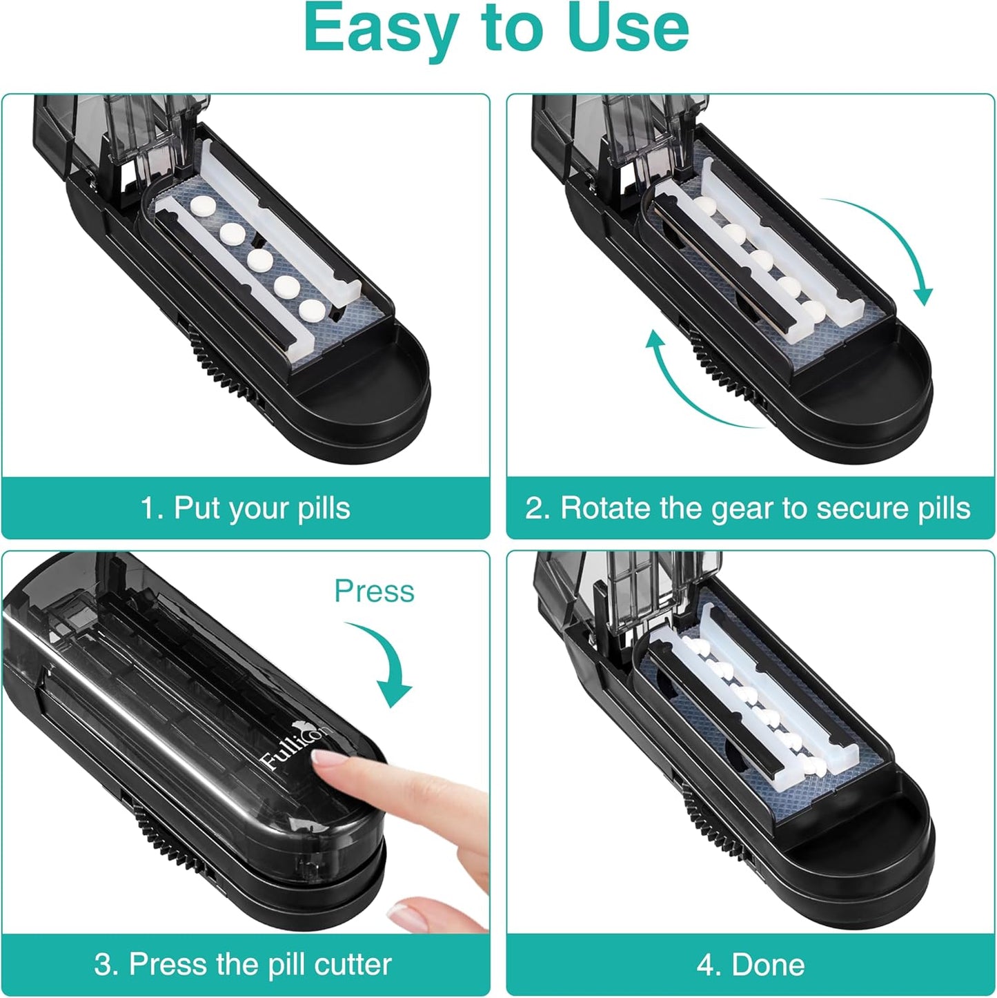 Fullicon Pill Cutter, Adjustable Cutter with precision alignment, Stainless Steel Blade & Guard, Splitter with Free Brush & Pill Box (Black)