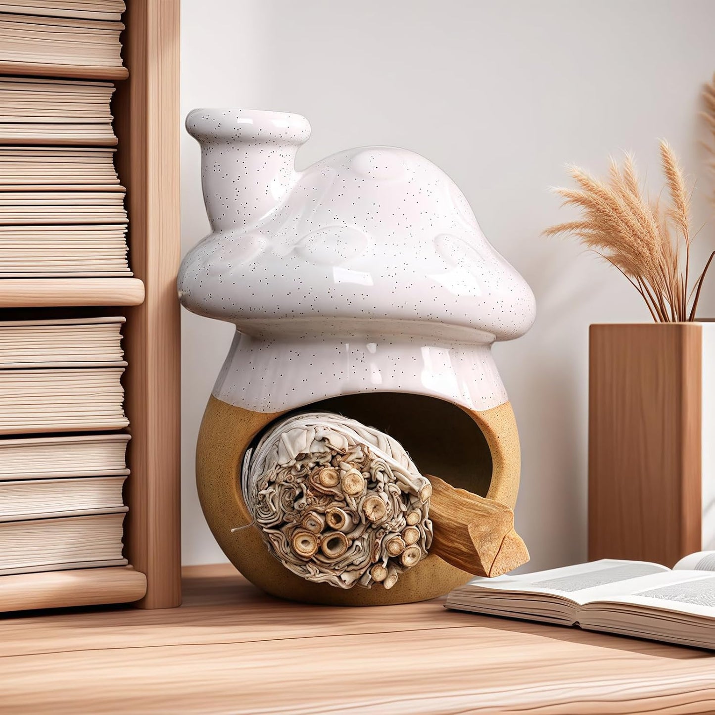 Mushroom Incense Holder, Red Ceramic Palo Santo Holder Burner & Sage Holder - Mini Tabletop Chiminea Burner Tray with Ash Catcher, Cute Mushroom Decorations for Spiritual Meditation & Yoga