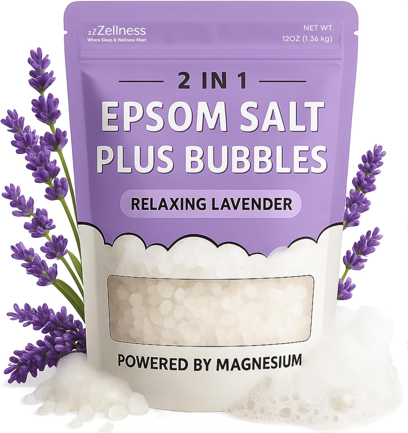 Epsom Salt Plus Bubbles – Lavender Scented Foaming Bath Soak – Magnesium Sulfate for Muscle Recovery, Stress Relief & Relaxation – Great for Aromatherapy – 12 oz