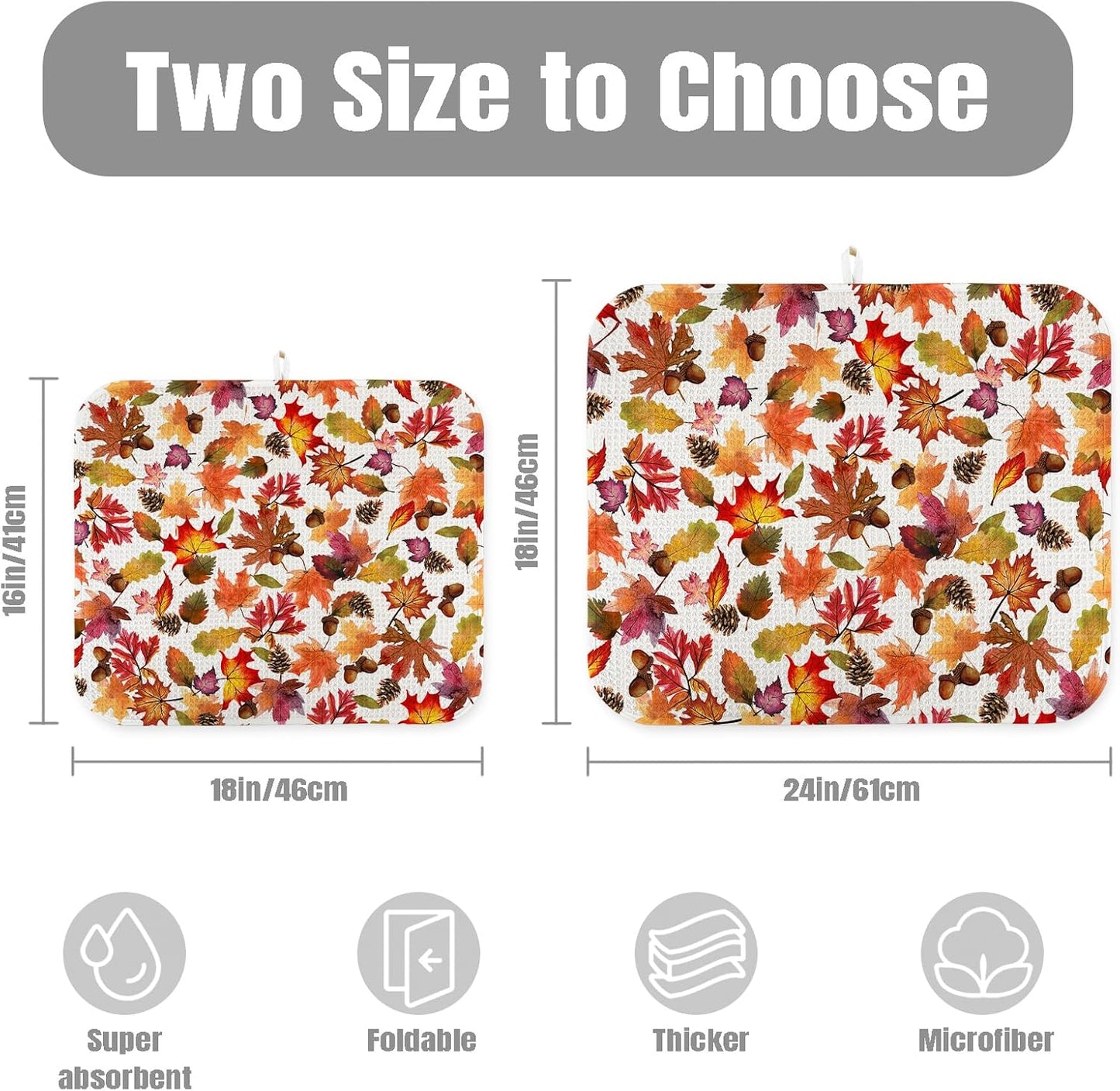 Dish Drying Mat for Kitchen Counter Large 18" x 24" Fall Leaves Absorbent Microfiber Dishes Drainer Rack Mats Pad Reusable Washable
