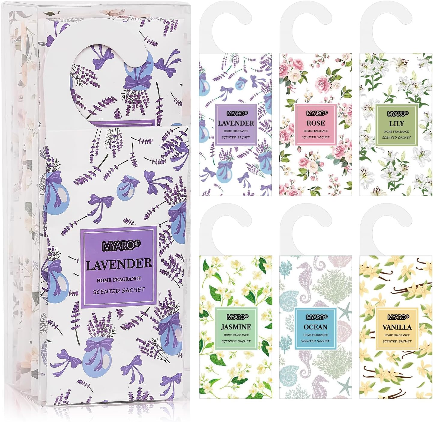 MYARO 12 Packs Large Sachets for Drawers and Closets, Large Hanging Sachet Bags Closet Air Fresheners Potpourri Bags Long-Lasting 6 Scents - Lavender, Rose, Jasmine, Ocean, Vanilla, Lily