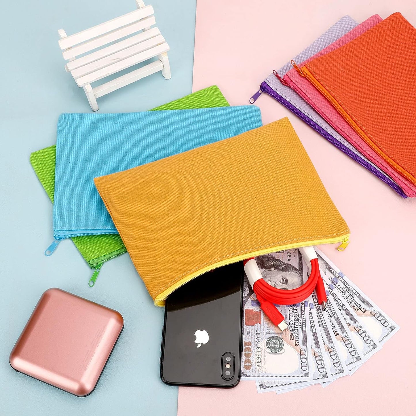 12 Pieces Cotton Canvas Makeup Bag, Multipurpose Cosmetic Bag with Zipper Travel Toiletry Pouch, Blank DIY Craft Bag (Multicolored B, L)