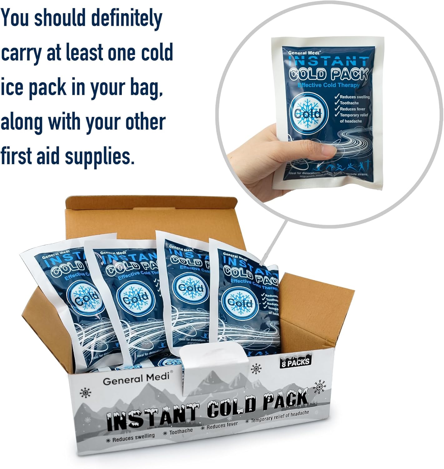General Medi Instant Ice Cold Pack (4”x 5.5”) – 8 Packs Disposable Cold Therapy Ice Packs for Pain Relief, Swelling, Inflammation, Sprains, Toothache – for Athletes & Outdoor Activities