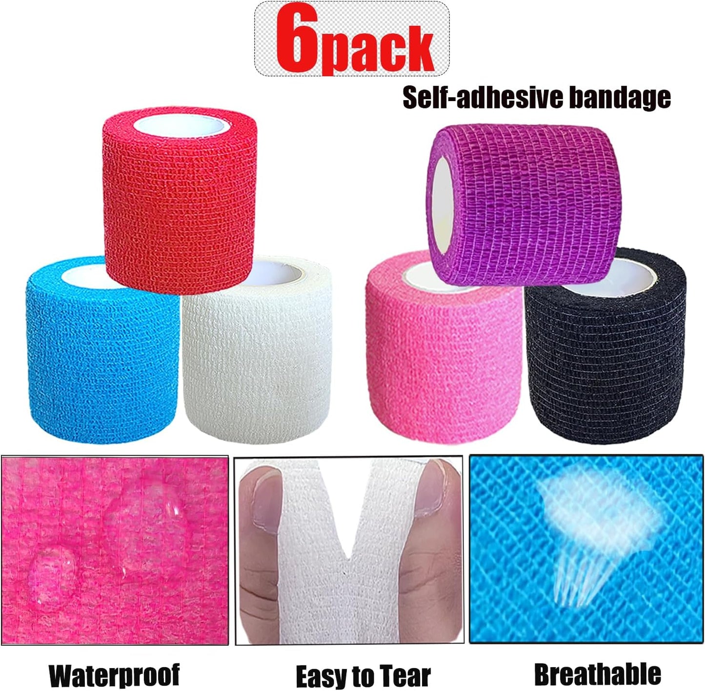Hysiwen 6 Pack 2" x 5 Yards Self Adhesive Bandage Breathable Cohesive Wrap Self Adherent Vet Tape Self Stick Bandage Wrap for Wrist, Ankle(Multi Colors)