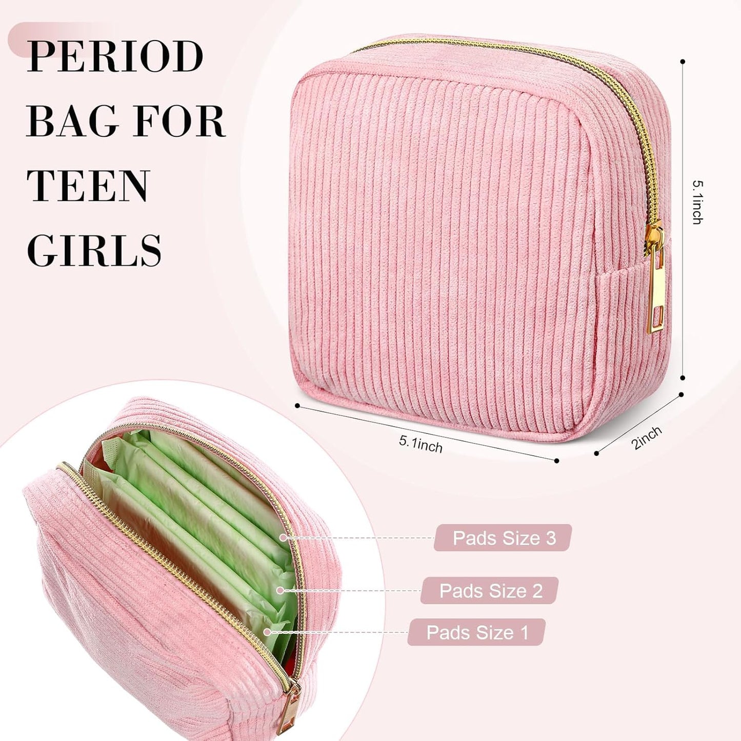 4 Pcs Sanitary Napkin Storage Bag Corduroy Period Bag for School Teen Mini Makeup Preppy Cosmetic Wallet Set for Women Portable First Period Pouch with Zipper Cute Pad Pouch