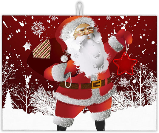 Christmas Santa Claus Dish Drying Mats 18x24 Inch,Christmas Snowflakes Dish Pad Drying Rack Mat for Kitchen Counter Ultra Absorbent Microfiber Dishware Coffee Maker Bar Countertop Decor