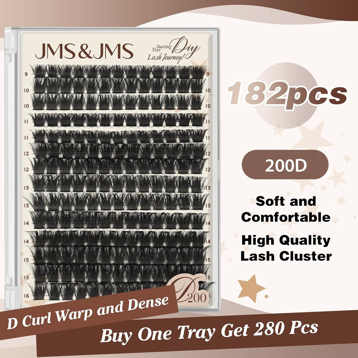 JMS&JMS 182Pcs Lash Clusters Eyelash Clusters 200D D Curl 9-16MIX Clusters Lashes Thick Super Soft Wispy DIY Eyelash Extension at Home(200D-D,9-16MIX)