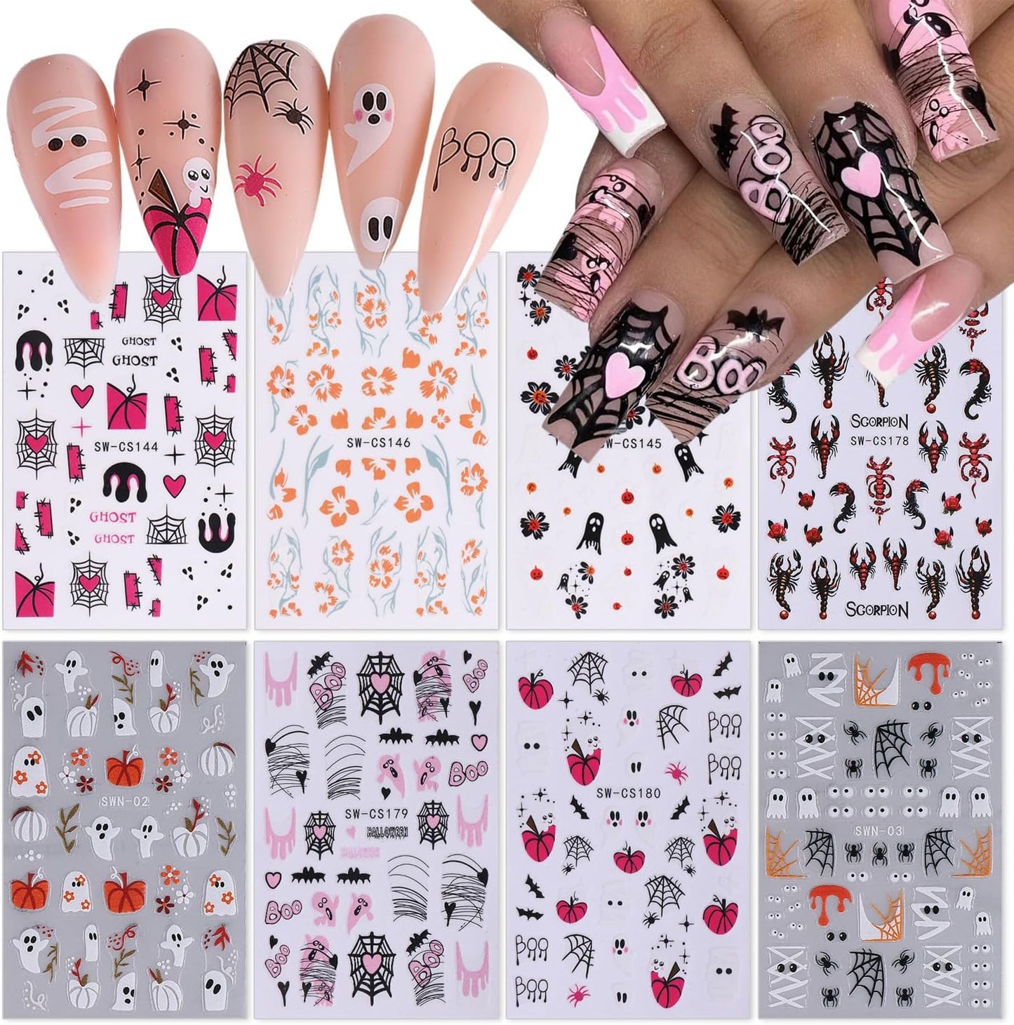8 Sheets Halloween Nail Art Stickers Horror Ghost Spider Scorpion Nail Design Stickers Decals 3D Self Adhesive Pumpkin Spider Web Gothic Nail Decals for Women DIY Halloween Nail Decoration Supply