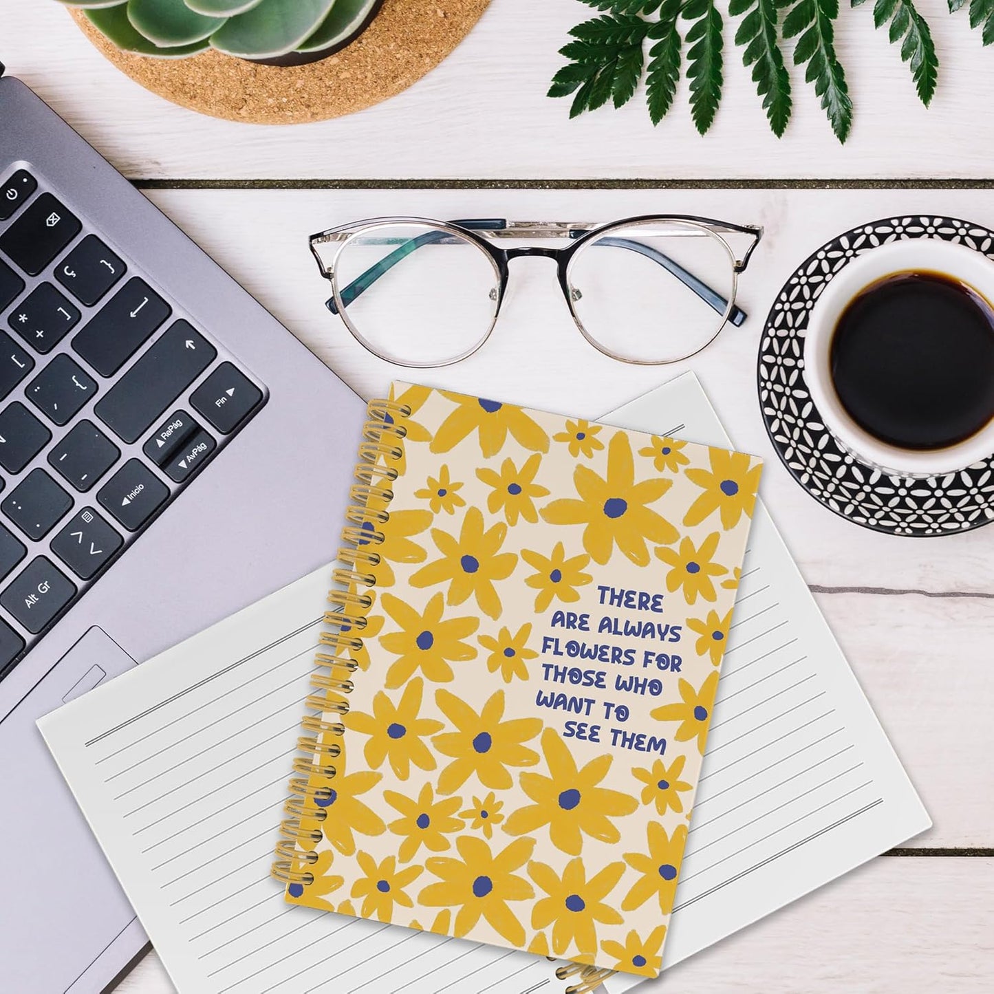 Inspirational Yellow Floral Spiral Notebook, Motivational Floral Journaling Notebooks for Note Taking, Flower Hardcover Journals for Women 160 Pages 5.5x8.3 Inch, Mental Health Gifts for Women