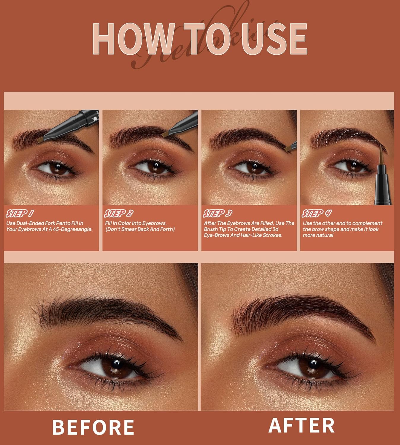 4-Fork Tip Microblading Eyebrow Pen - 2-in-1 Waterproof Eyebrow Pencil, Long-Lasting Natural Hair-Like Brows, Smudge-Proof & Easy to Use (04#Black)