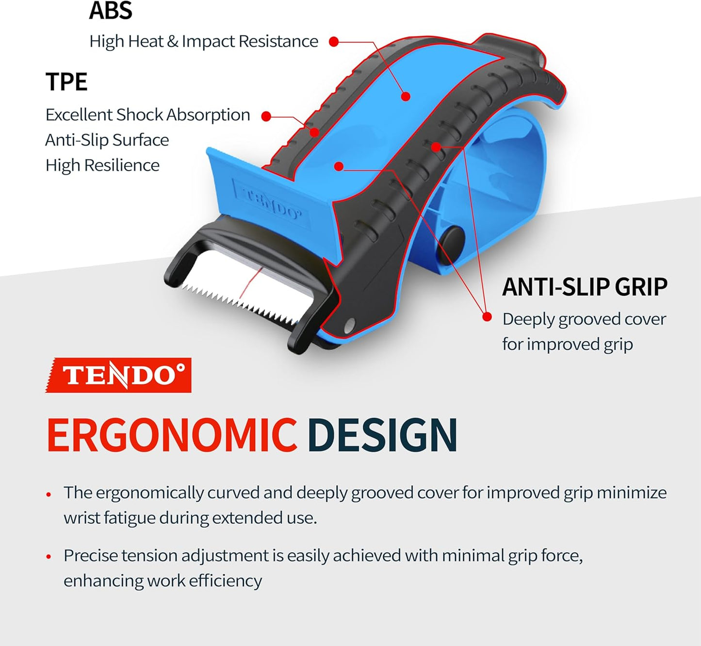 Heavy Duty Shipping Tape Dispenser: TENDO° Premium Line – Reusable, Replaceable, Eco-Friendly 2’’ Master Piece Dispenser for Pros with Patented 10° Sloped Chromium Blades - P-2200 (4th Gen.)_SkyBlue