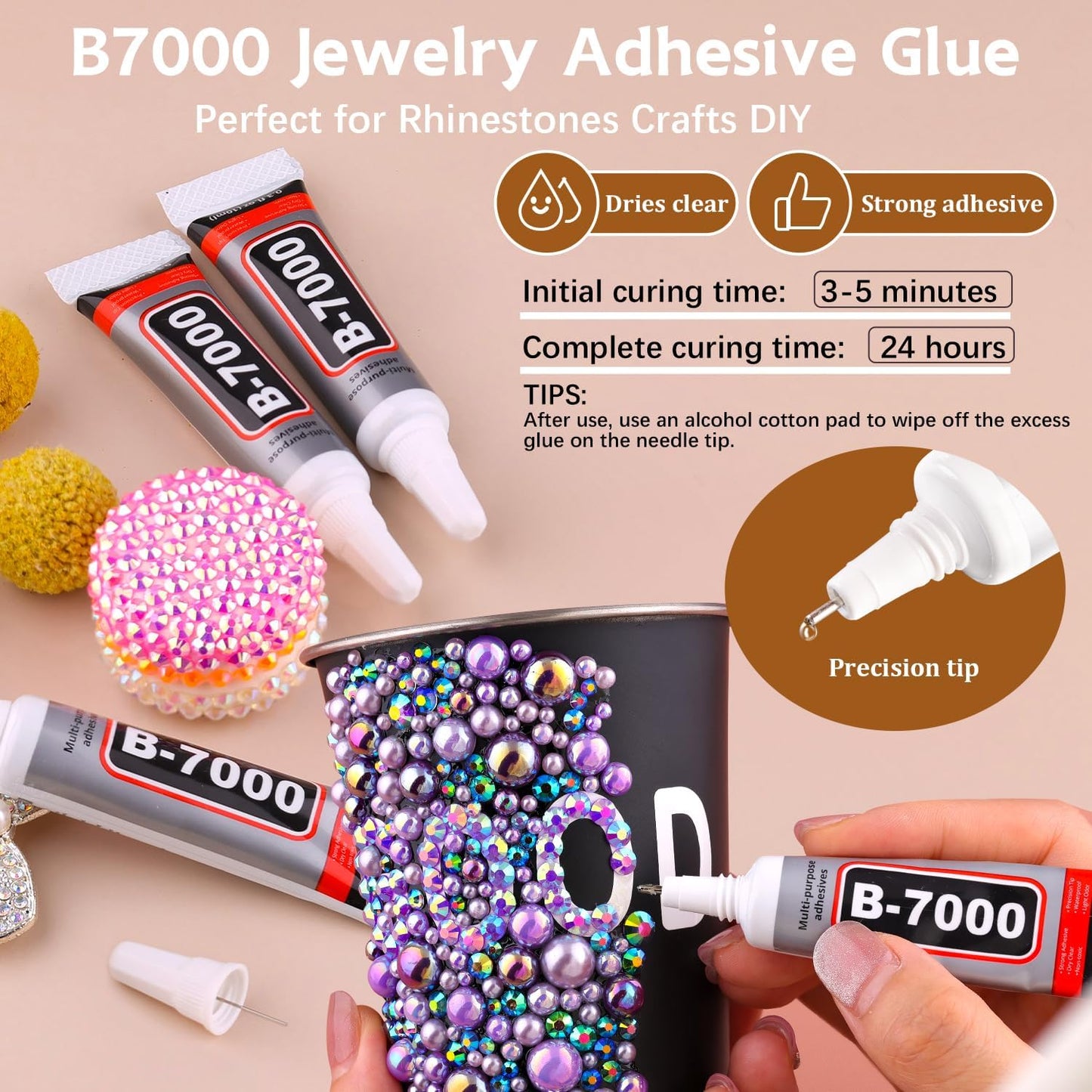 9000PCS Flatback Pearls and Rhinestones for Bedazzling, Pink White 3-10mm Resin Rhinestones and Half Pearls for Crafting, Nail Art and Grad Cap Decor with B7000 Jewelry Glue