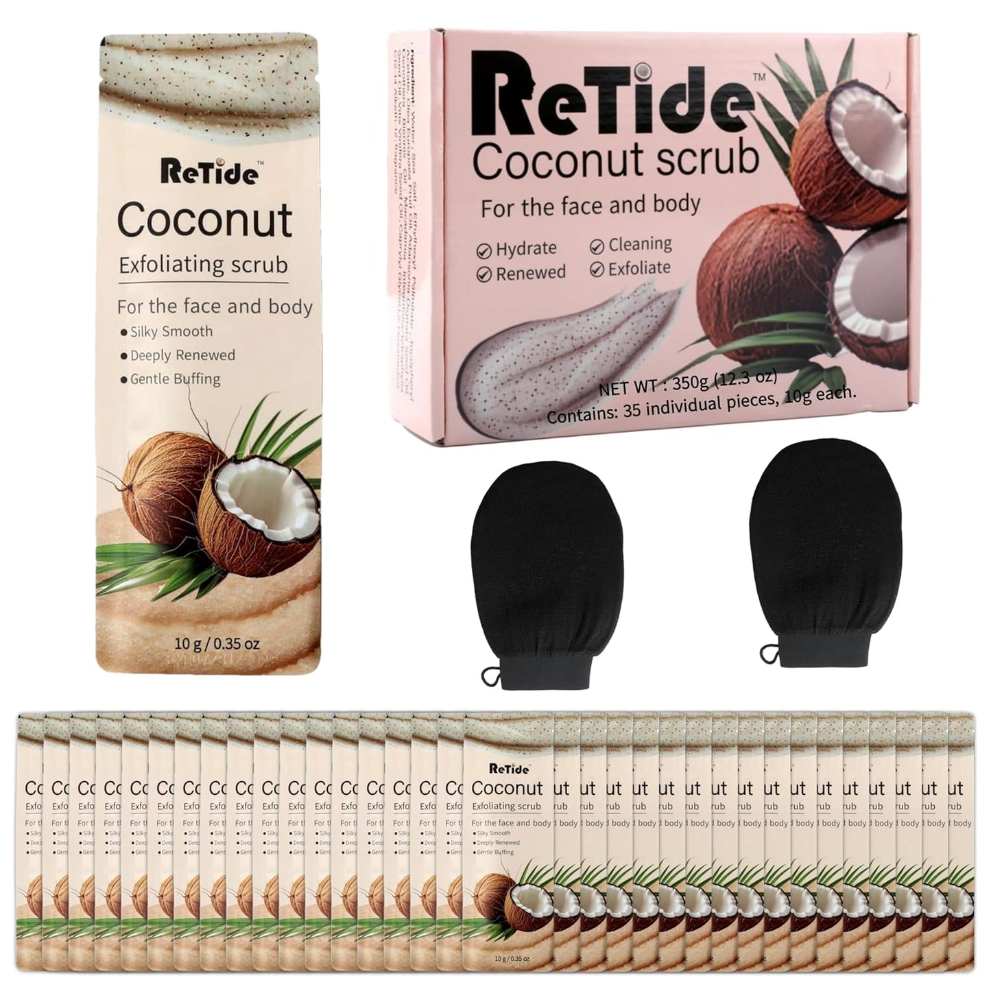 Coconut Body Scrub Gift Set - 35 Packets & 2 Pcs Exfoliating Gloves,Exfoliating & Moisturizing Sugar Scrub for Face & Body, Self Care Gifts for Women