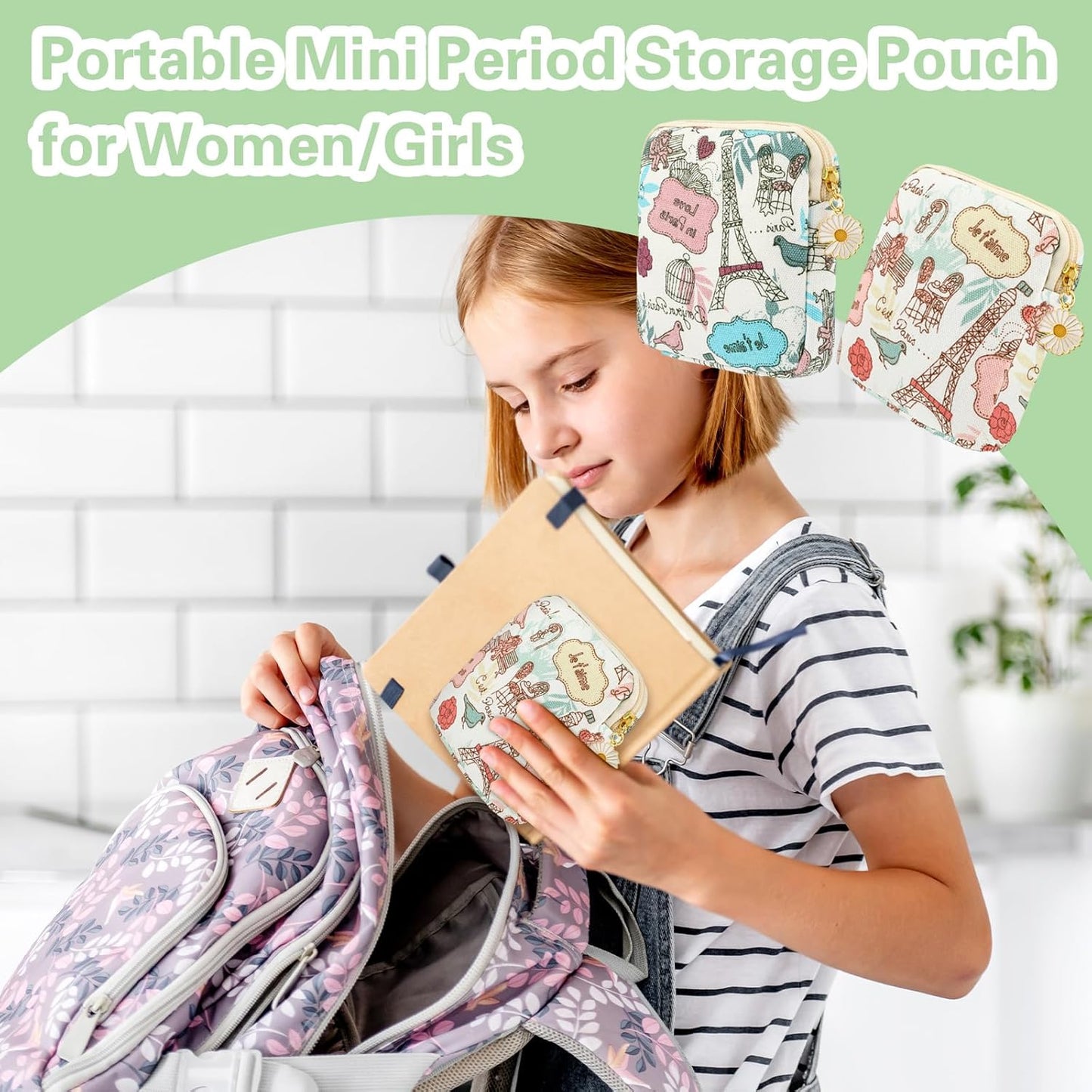 cobee 2PCS Sanitary Pad Storage Bag, Cute Sanitary Napkin Storage Purses Portable Period Bag with Daisy Zipper Panty Liner Tampon Menstrual Cup Nursing Pad Holder Pouch for Girls Women Travel(Tower)
