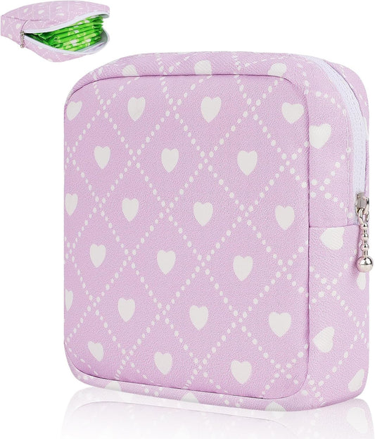Desing Wish Sanitary Pad Storage Bag Portable Period Bag for Teen Pads/Sanitary Napkins/Small Tampons, Sanitary Napkin Storage Bag First Period Gifts for Teen Girls (Purple Hearts)
