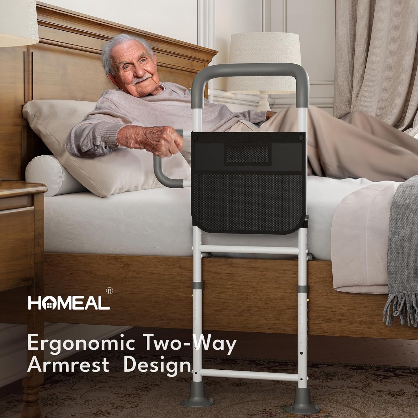 HOMEAL Bed Rails for Elderly Adults Safety, Reinforced Bedrails for Elderly Adults with Ergonomic Grab Bar Bed Handrails, 3-Ways Adjustable Bedside Assist Bed Cane Guard Railings for Seniors(Black)