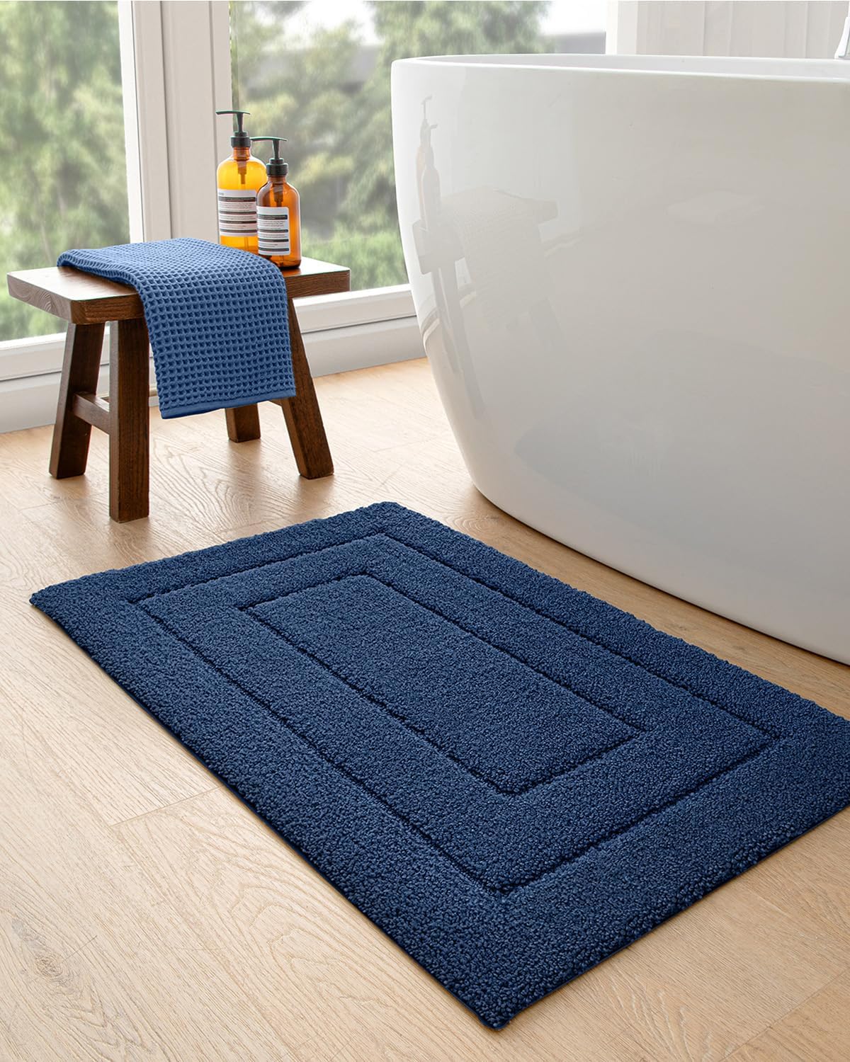 DEXI Bathroom Rug 43x24, Non Slip Washable Bath Mat for Shower Floor, Extra Large Absorbent Soft Bathmat with Rubber Backing, Quick Dry Microfiber Carpet, Navy