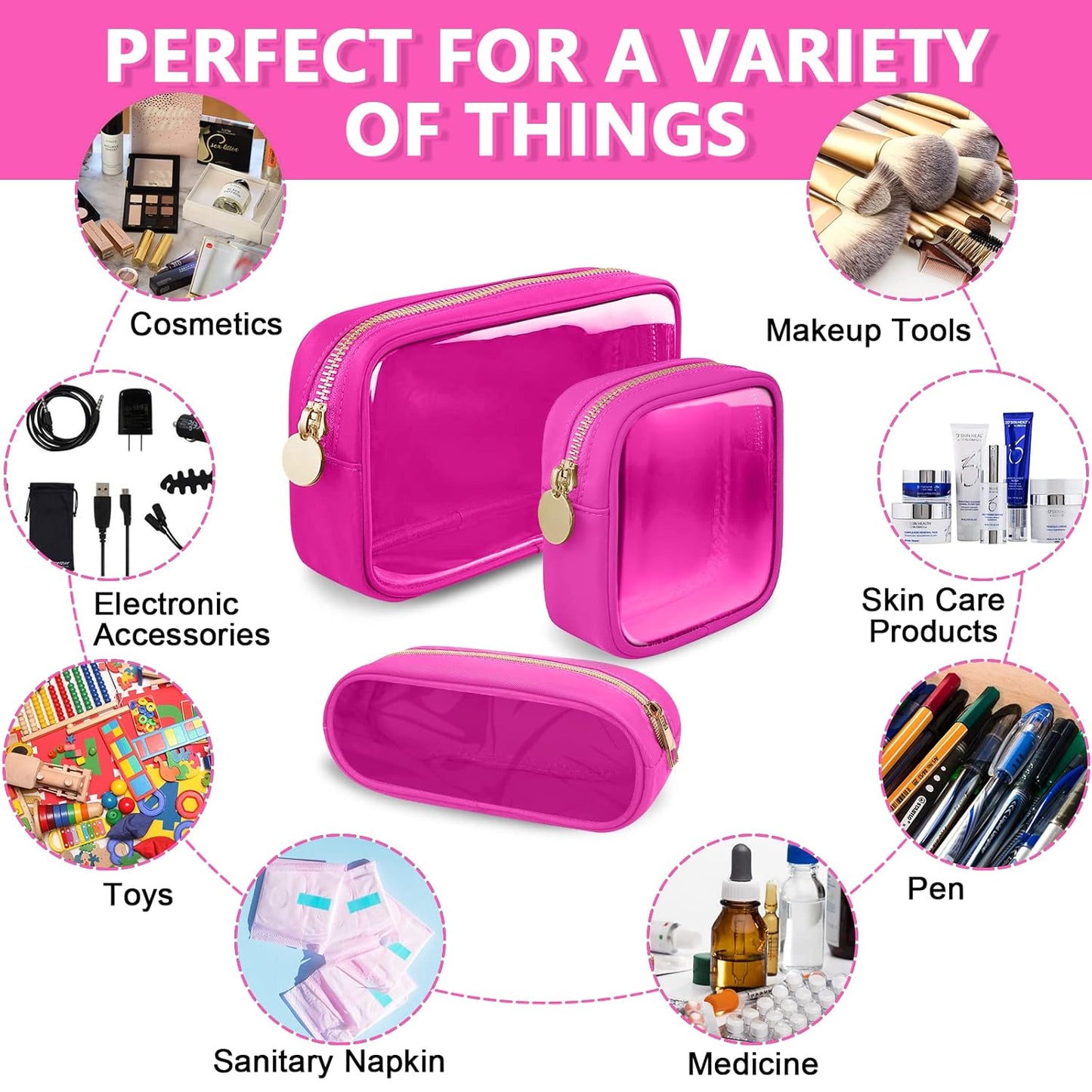 Clear Small Pencil Pouch Makeup Bag for Purse,Nylon&PVC Pencil Case Waterproof Makeup Brush Holder with Zipper,Preppy Transparent Pen Bag Travel Cosmetic Bag for Women Office(Slim-Hot Pink)