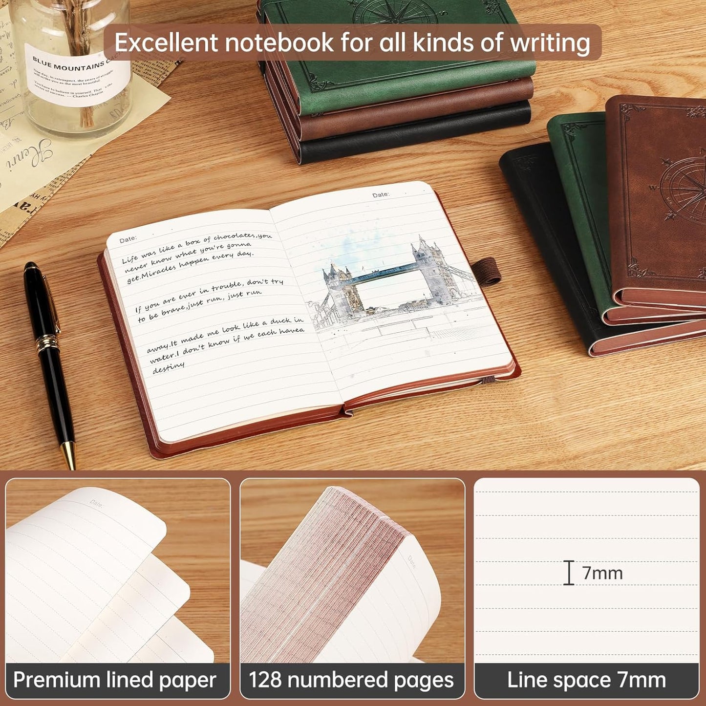 AHGXG Small Lined Pocket Journal Notebook for Men - 256 Numbered Pages College Ruled B6 Mini Journal, Vintage Soft Leather Hardcover, 80gsm Paper, for Women Work Office School, 4.1'' X 5.7''- Brown