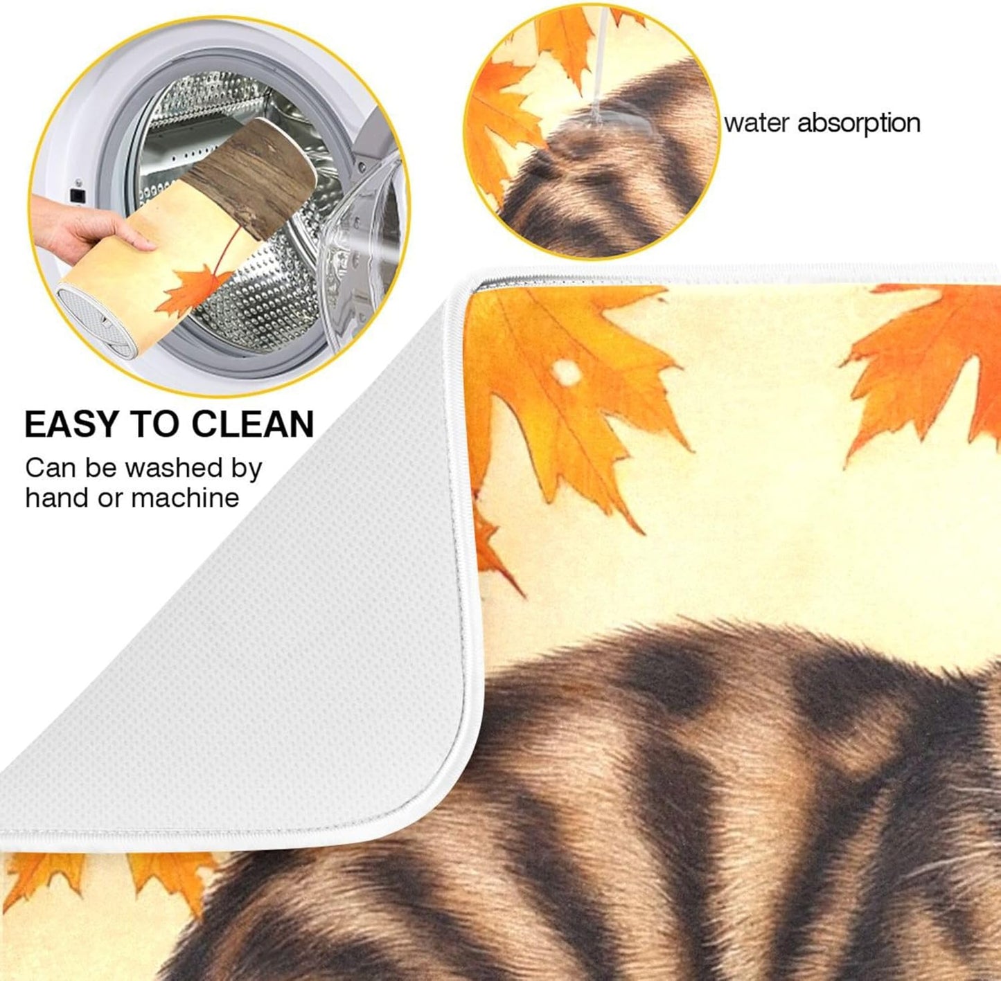 Fall Cats Dish Drying Mat for Kitchen Countertop 18x24 Autumn Maple Leaves Kitty Thanksgiving Day Large Drying Mat Reusable Quick Dry Dish Sink Mats Easy Clean Decorative Essentials