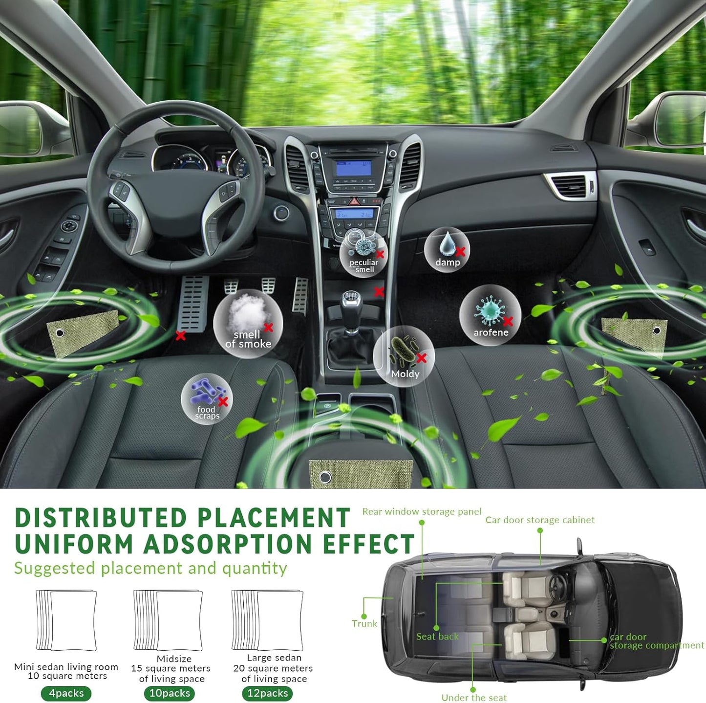 4 Pack charcoal odor absorber,Bamboo Charcoals Air Purifying Bag Charcoals Deodorizer Eliminator for Strong Odors in Car, Closet, Shoe, Basement (100G*4 Pack Green, Unscented)