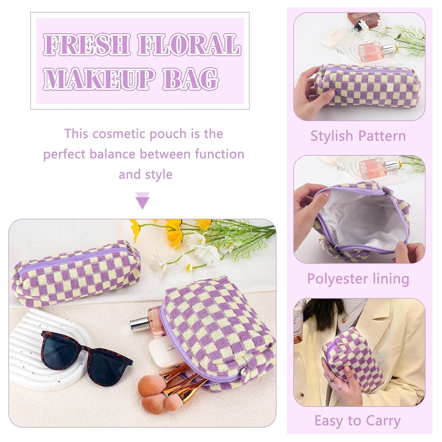 2Pcs Checkered Pencil Case Cute Pencil Pouch for Teens Checkered Makeup Bag Travel Cosmetic Bag Set Cute Makeup Pouch for Purse Portable Zippered Skincare Bags Preppy Toiletry Bags Organizer(Purple)