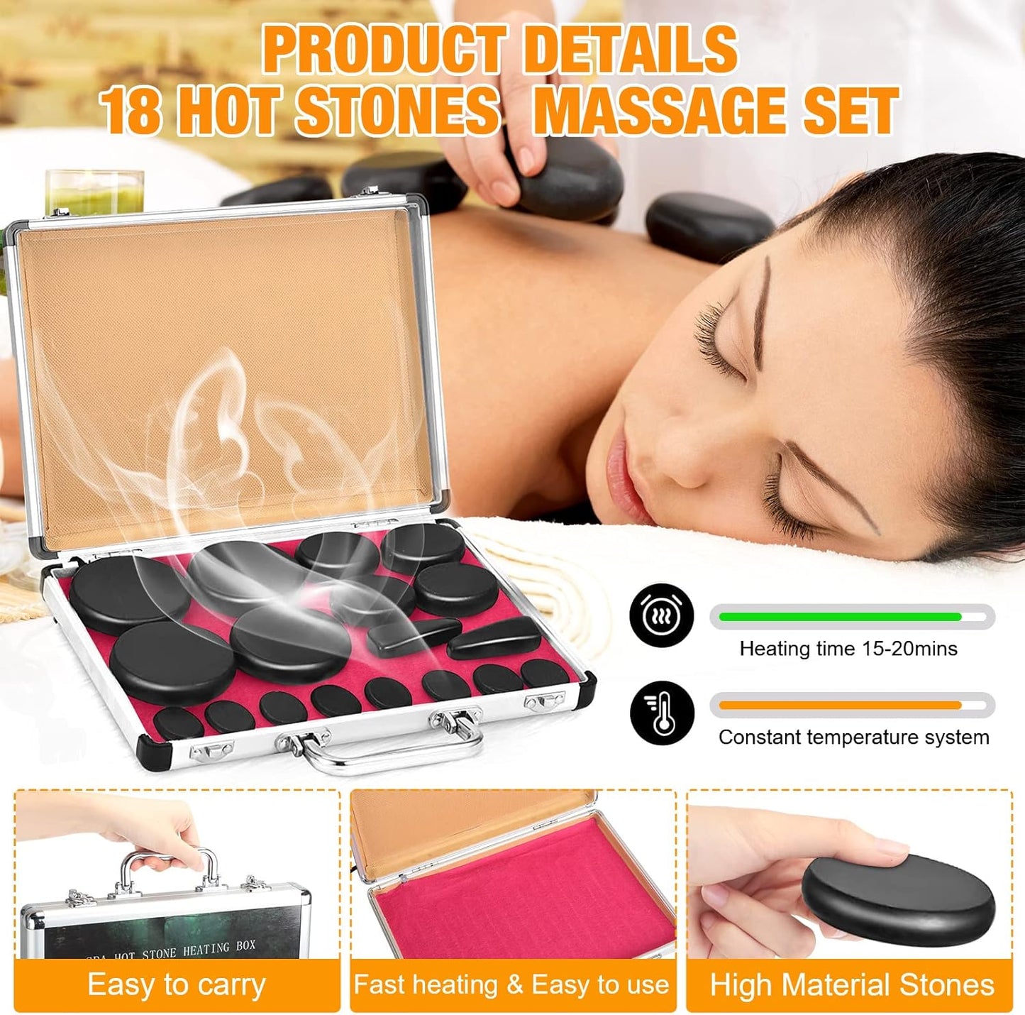 Hot Stones Massage Set 18 Pieces Basalt Hot Rocks Massage Rocks Kit Black Smooth Stones for Professional Home Spa Warming Relaxing Pain Relief(Temperature Constant)