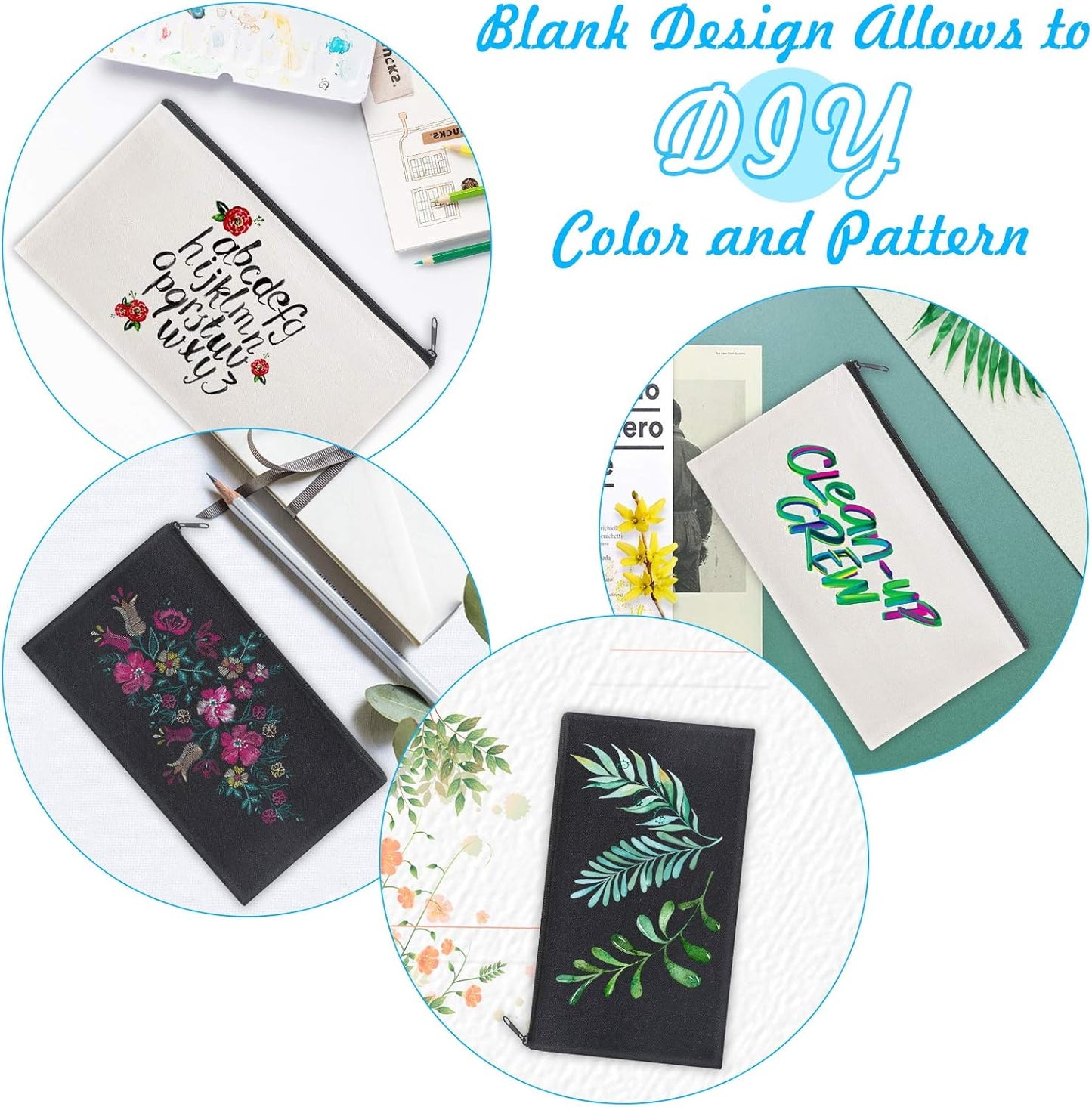 12 Pieces Black Cotton Canvas Makeup Bag, Multipurpose Cosmetic Bag with Zipper Travel Toiletry Pouch, Blank DIY Craft Bag (Black, S)