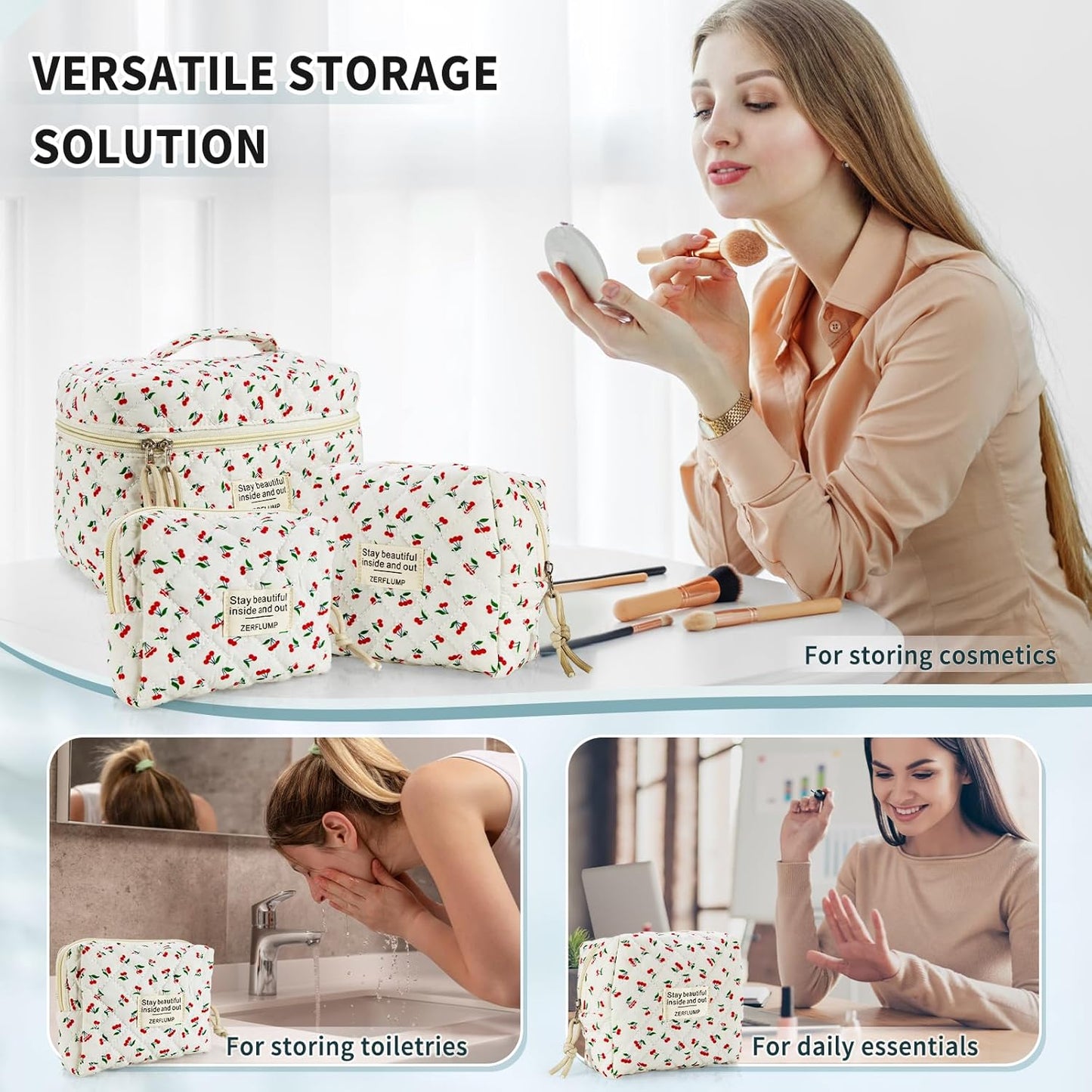 Cute Quilted Floral Makeup Bag(3Pcs)，Coquette Aesthetic Cosmetic Bag，Travel Toiletry Bags， Kawaii Aesthetic pouch for Women (5 - Cherry)