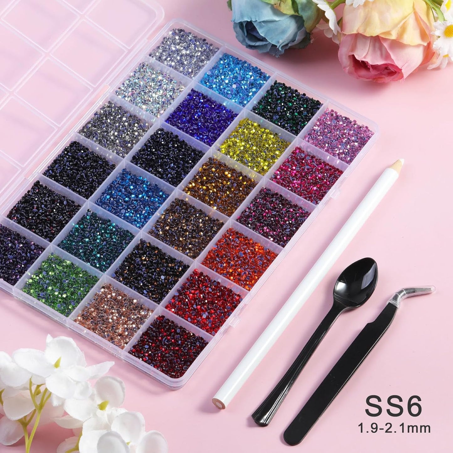 Hotfix Rhinestones Mixed 24 Colors, SS6 Rhinestones for Crafts Clothes, Hotfix Crystals with 1 Tweezers, 1 Wax Pencil and 1 Spoon