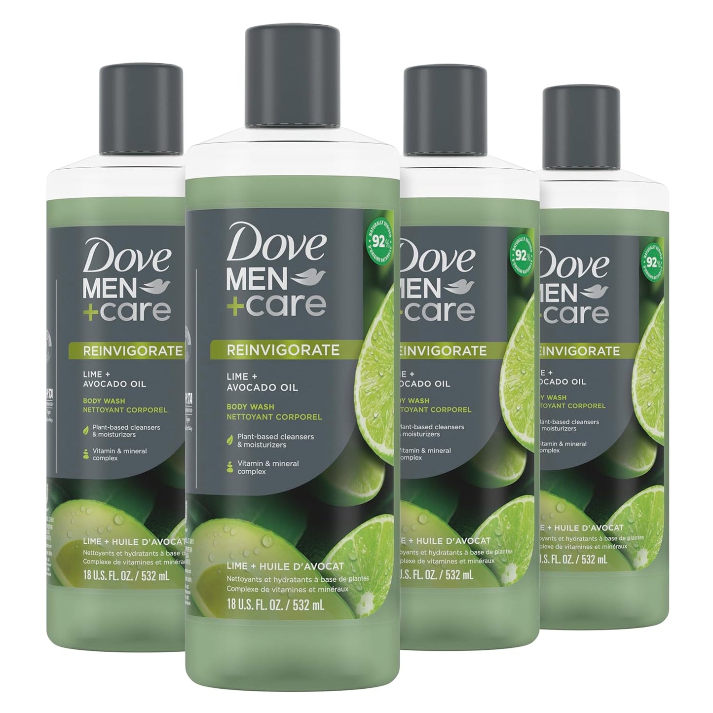 DOVE MEN + CARE Body 4 Count Wash Lime + Avocado Oil to Rebuild Skin in the Shower with Plant-Based Cleansers and Moisturizers 18 oz