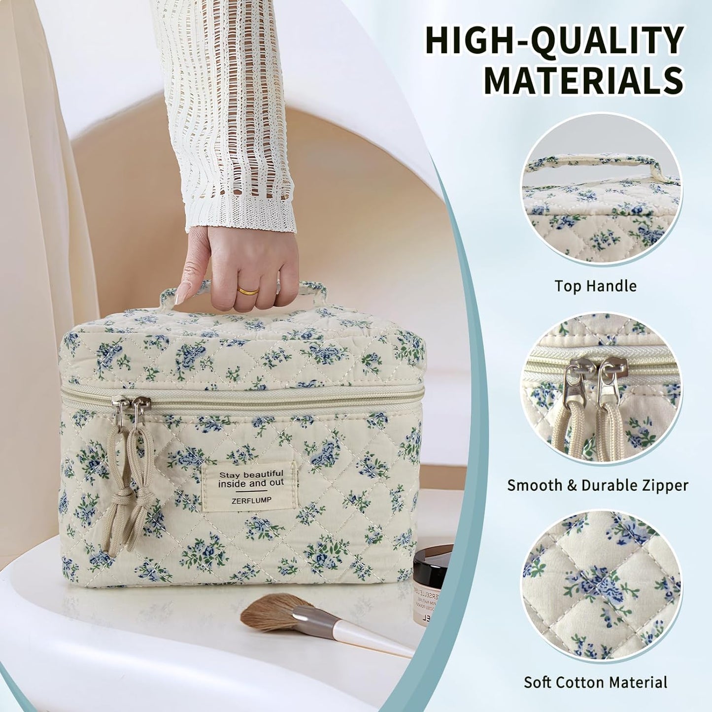 Cute Quilted Floral Makeup Bag(3Pcs)，Coquette Aesthetic Cosmetic Bag，Travel Toiletry Bags， Kawaii Aesthetic pouch for Women (4 - Little Blue Flower)