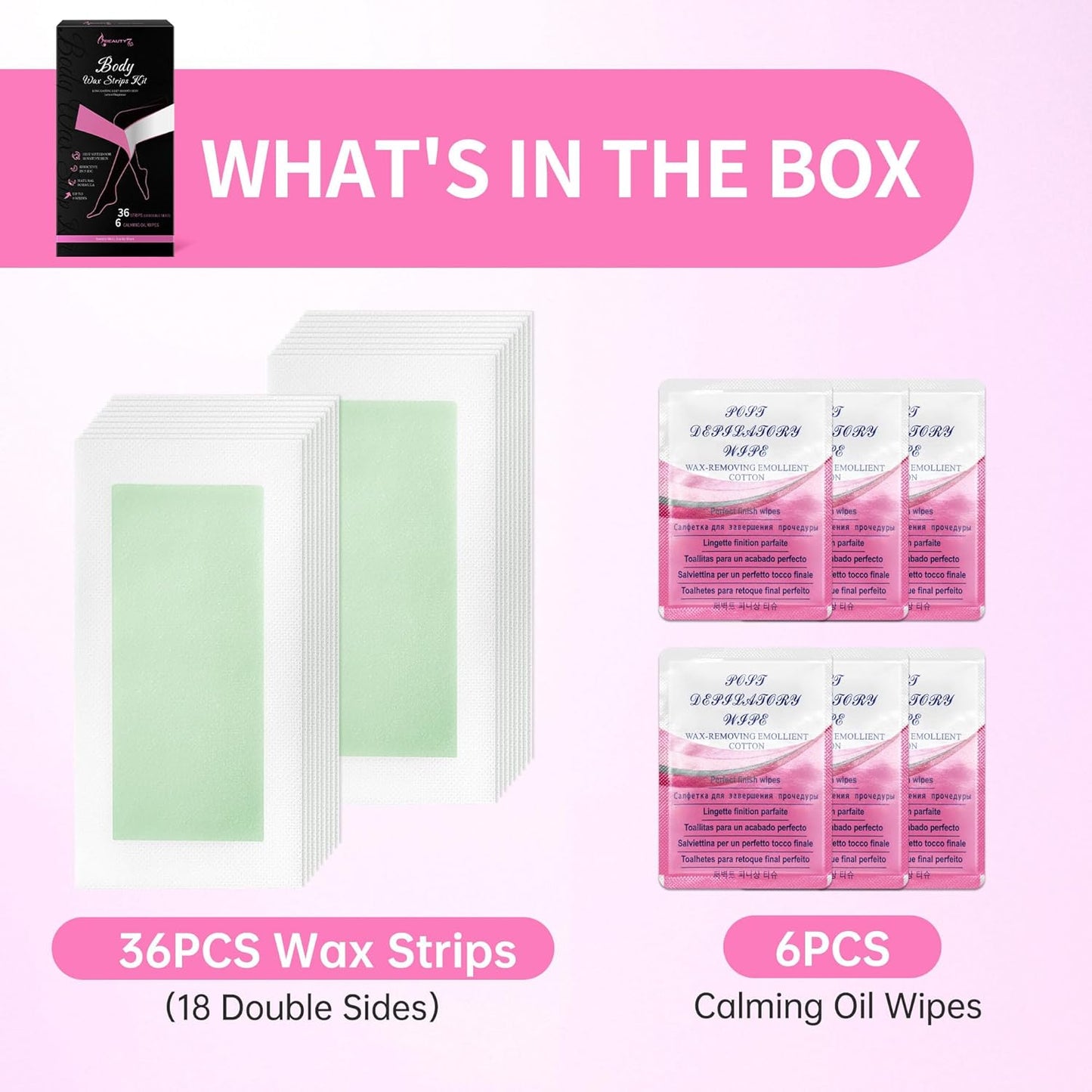 Beauty7 Body Wax Strips Kit, Ready to Use Waxing Strip, Facial Hair Removal, Arms Legs Underarm Bikini Hair Removal, 36 Strips 6 Calming Oil Wipes for All Skin Types