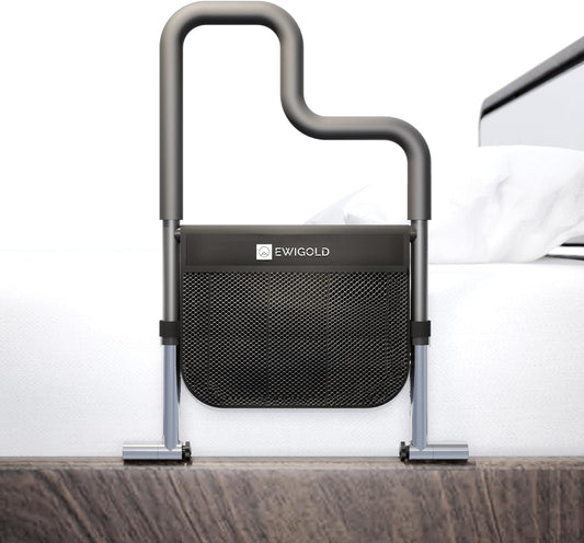 Dual-Bar Bed Rails for Elderly Adults Safety - Bed Rails with Height-Adjustable Handle - Bed Assist Rail with Storage Pocket - No Installation at All - Fit King, Queen, Full, Twin