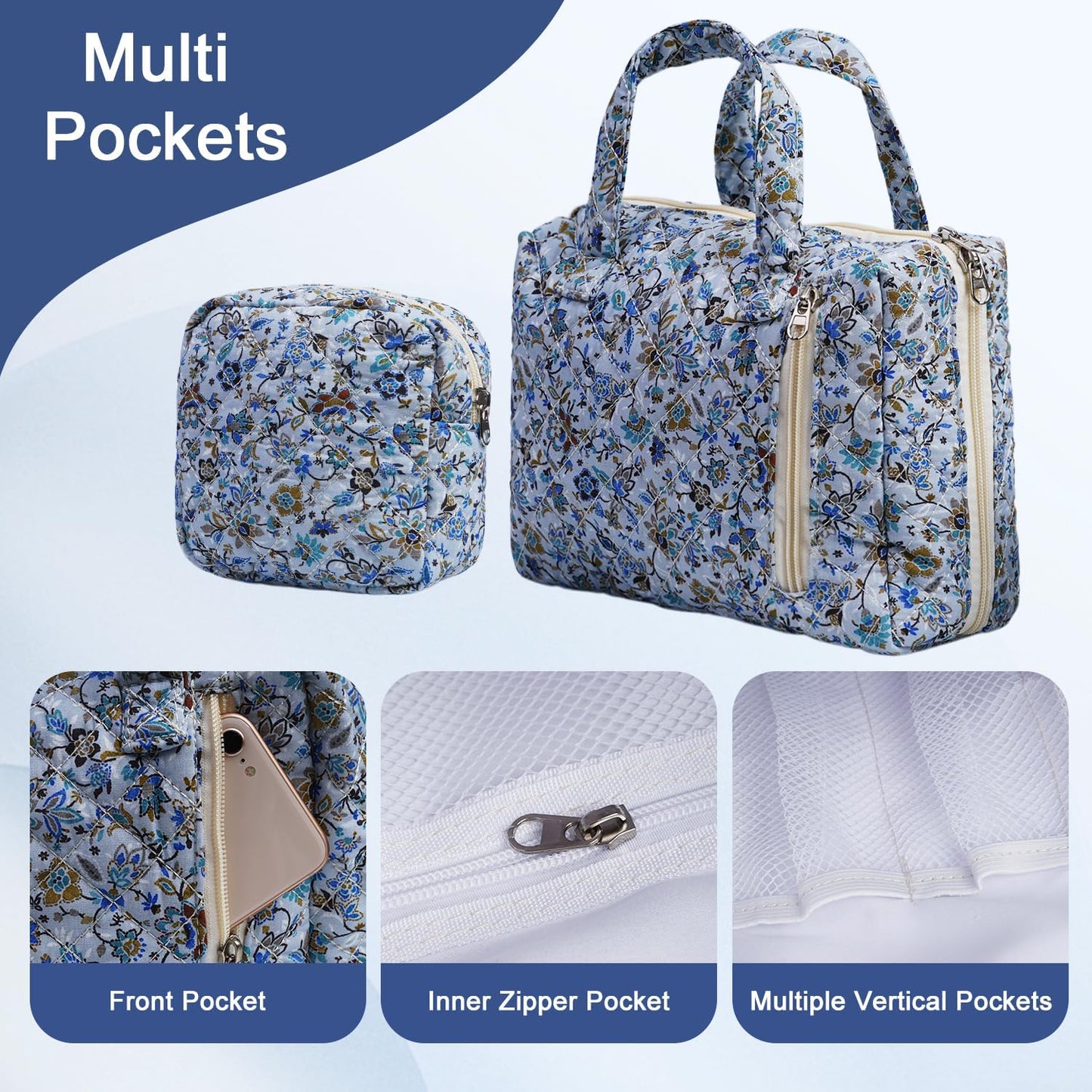 Cute Quilted Floral Makeup Bag(2Pcs)，Coquette Aesthetic Cosmetic Bag，Travel Toiletry Bags， Kawaii Aesthetic pouch for Women (14-BlueVine)