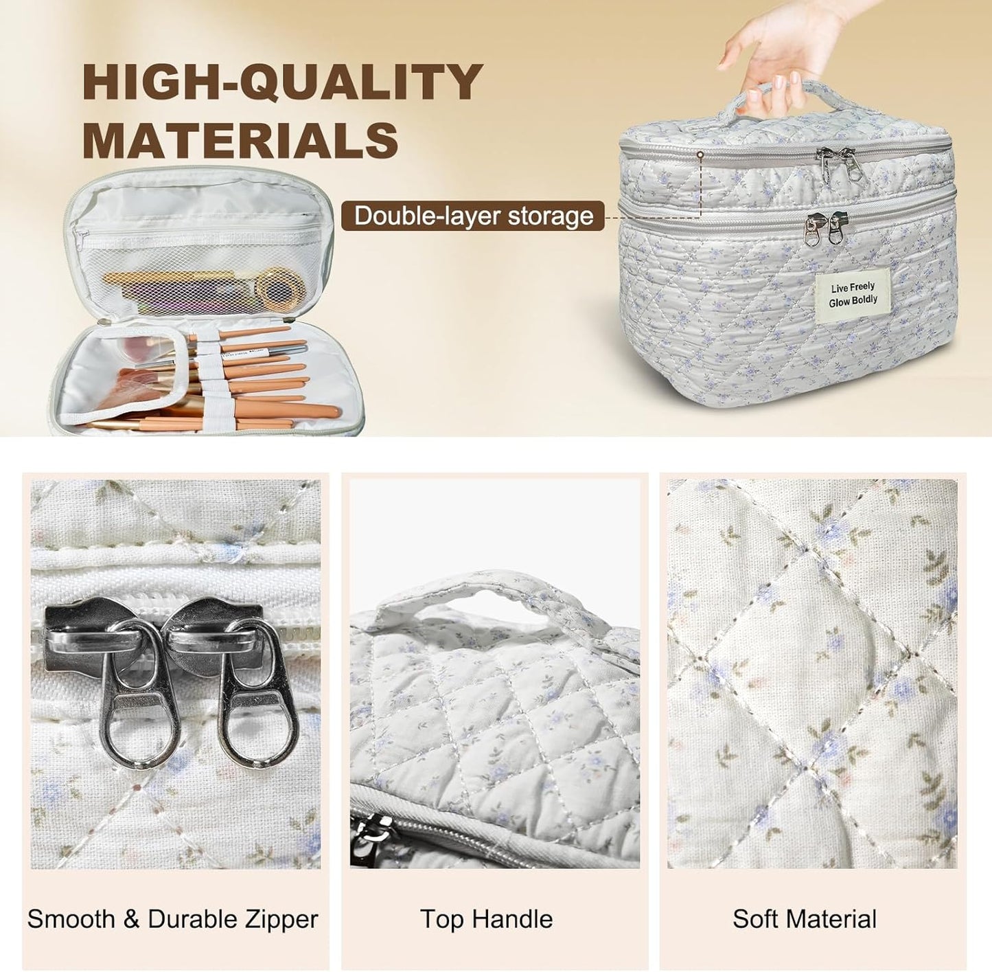 3Pcs Large Travel Quilted Makeup Bag, Double Layer Cute Floral Cotton Toiletry Bag, Aesthetic Flower Cosmetic Bag Coquette Skincare Organizer Bag for Women (77-BlueFloral)