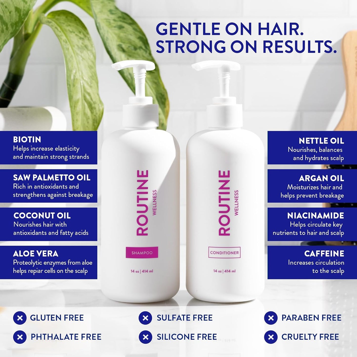 Routine Wellness Anti-Thinning Shampoo and Conditioner Set for Thinning Hair - Biotin DHT Blocker Women & Men - Color Safe Shampoo for Hair Loss & Healthier Hair - Rose Hips (Pack of 2)